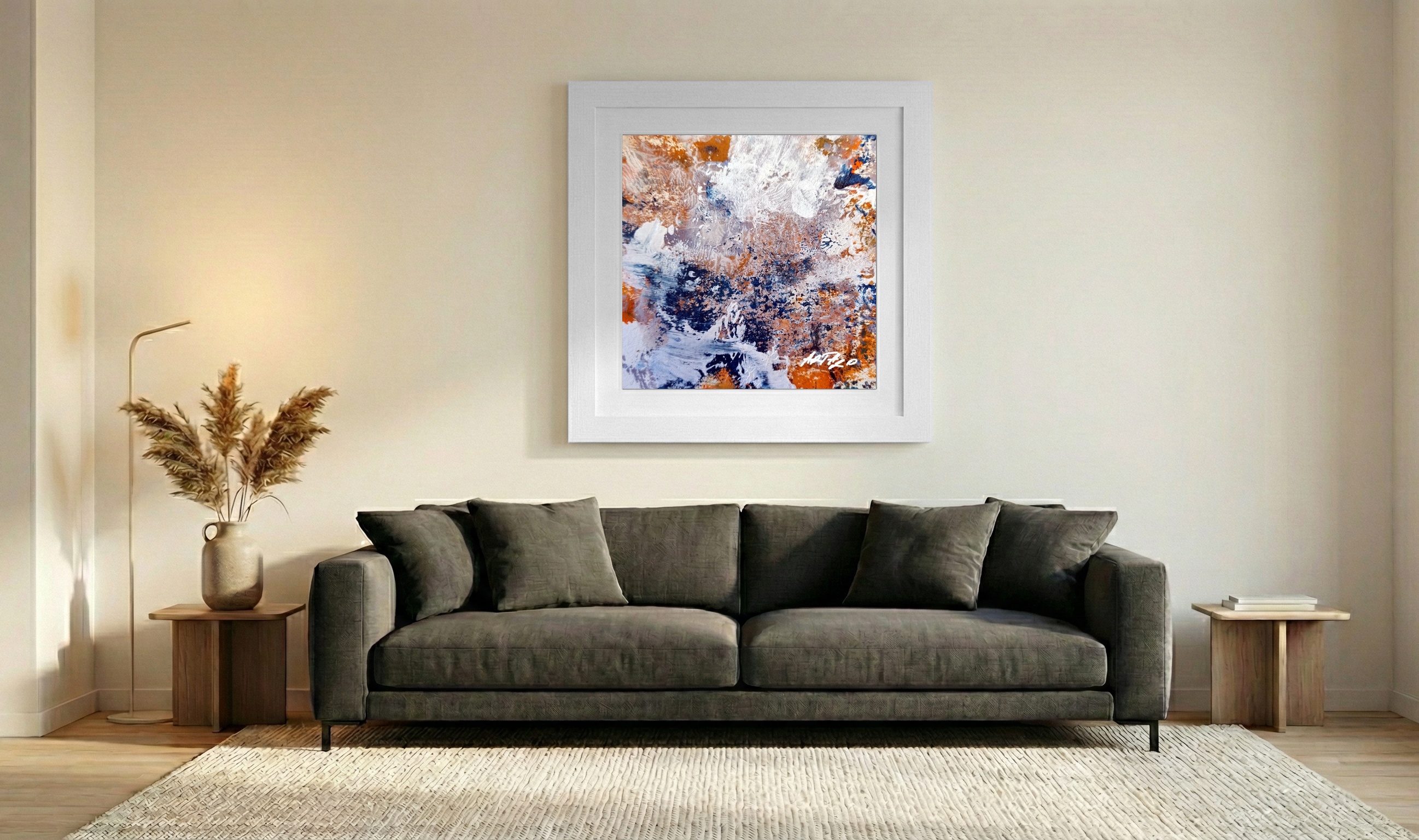 Navy and Burnt Orange Swirls on Paper — art on the wall, room interior preview 3