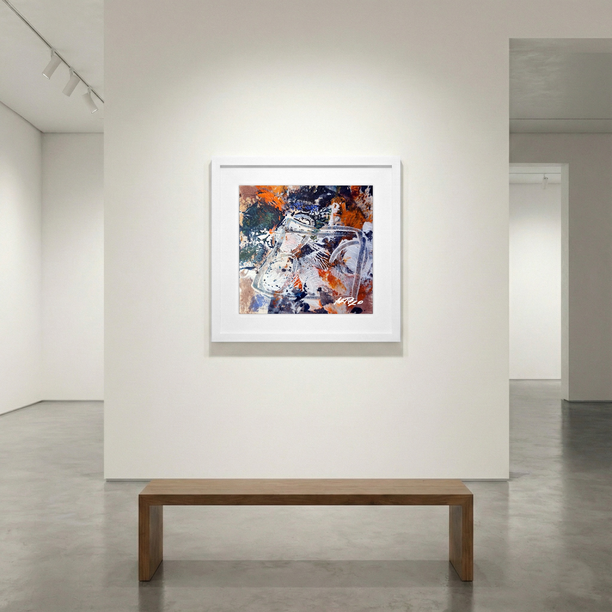 Burnt Orange and Indigo Abstract on Paper — art on the wall, room interior preview 1