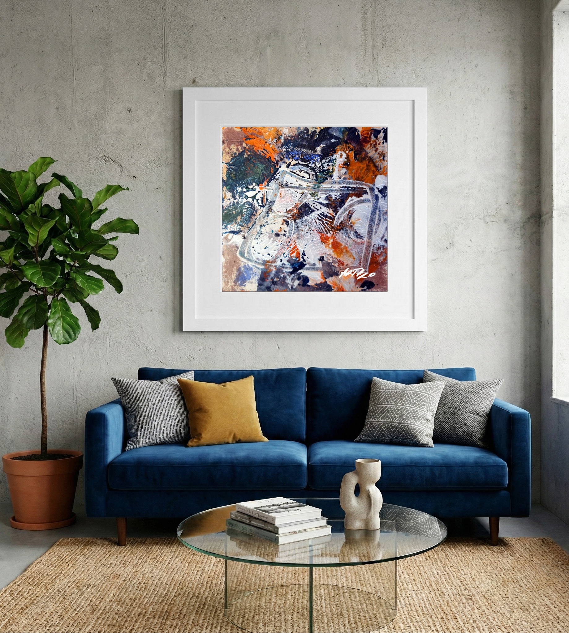 Burnt Orange and Indigo Abstract on Paper — art on the wall, room interior preview 2