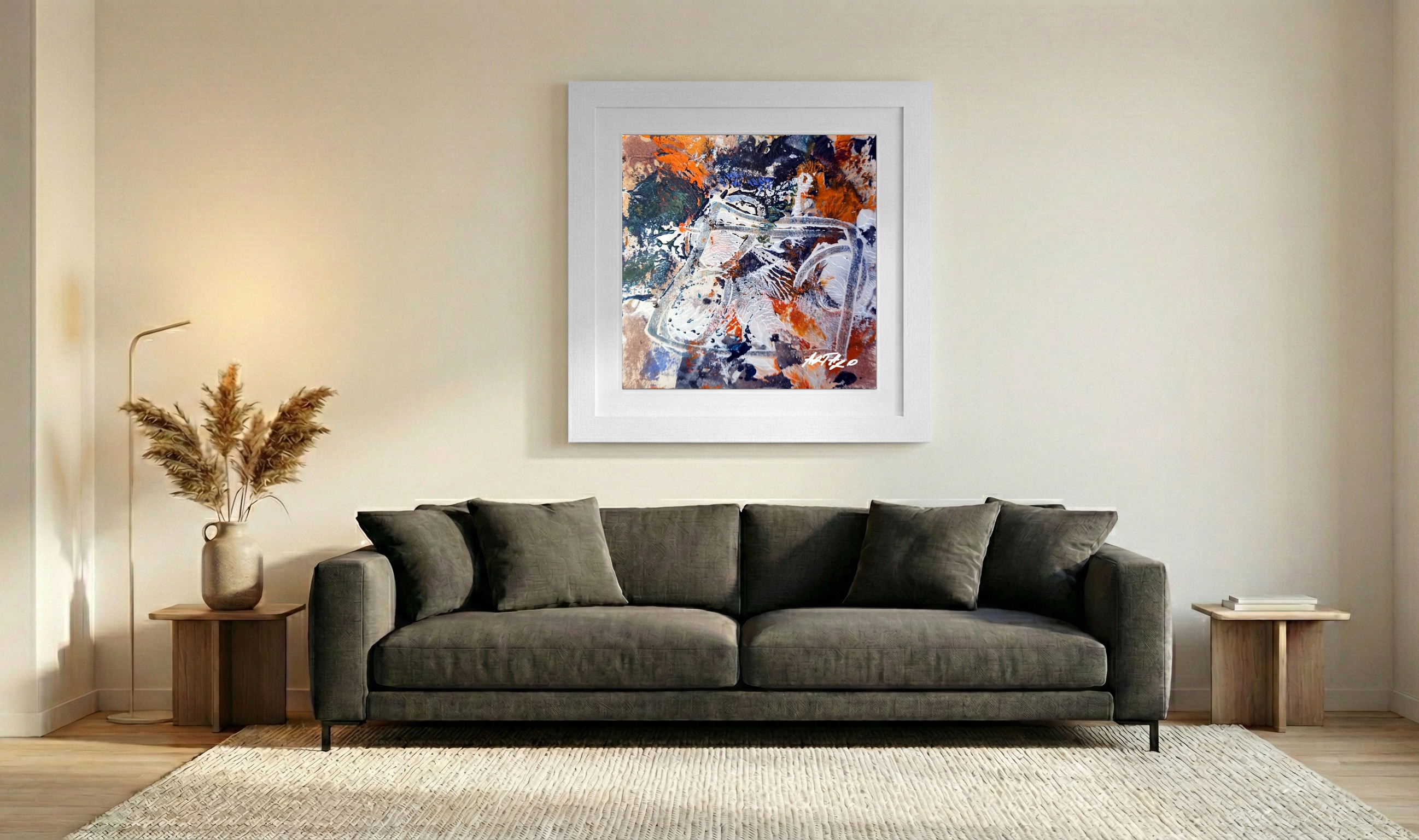 Burnt Orange and Indigo Abstract on Paper — art on the wall, room interior preview 3