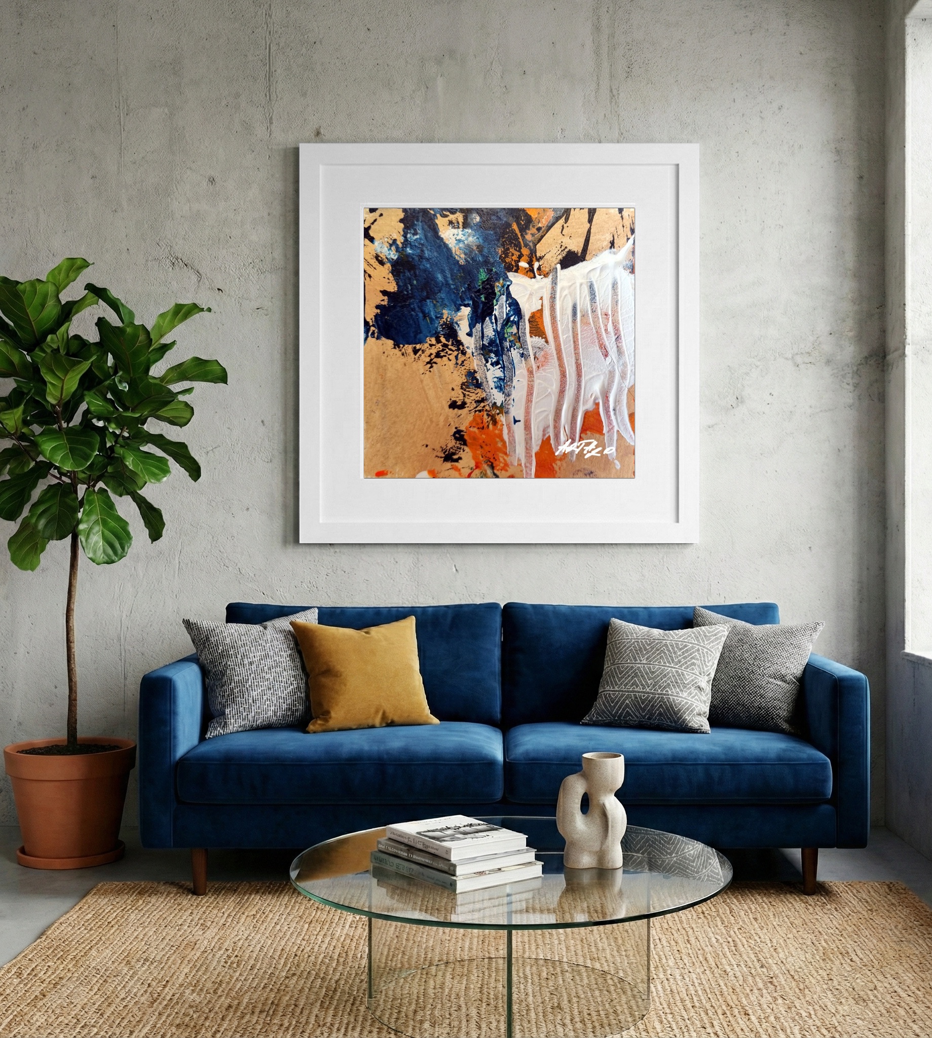 Navy and White Acrylic Abstract on Paper — art on the wall, room interior preview 2