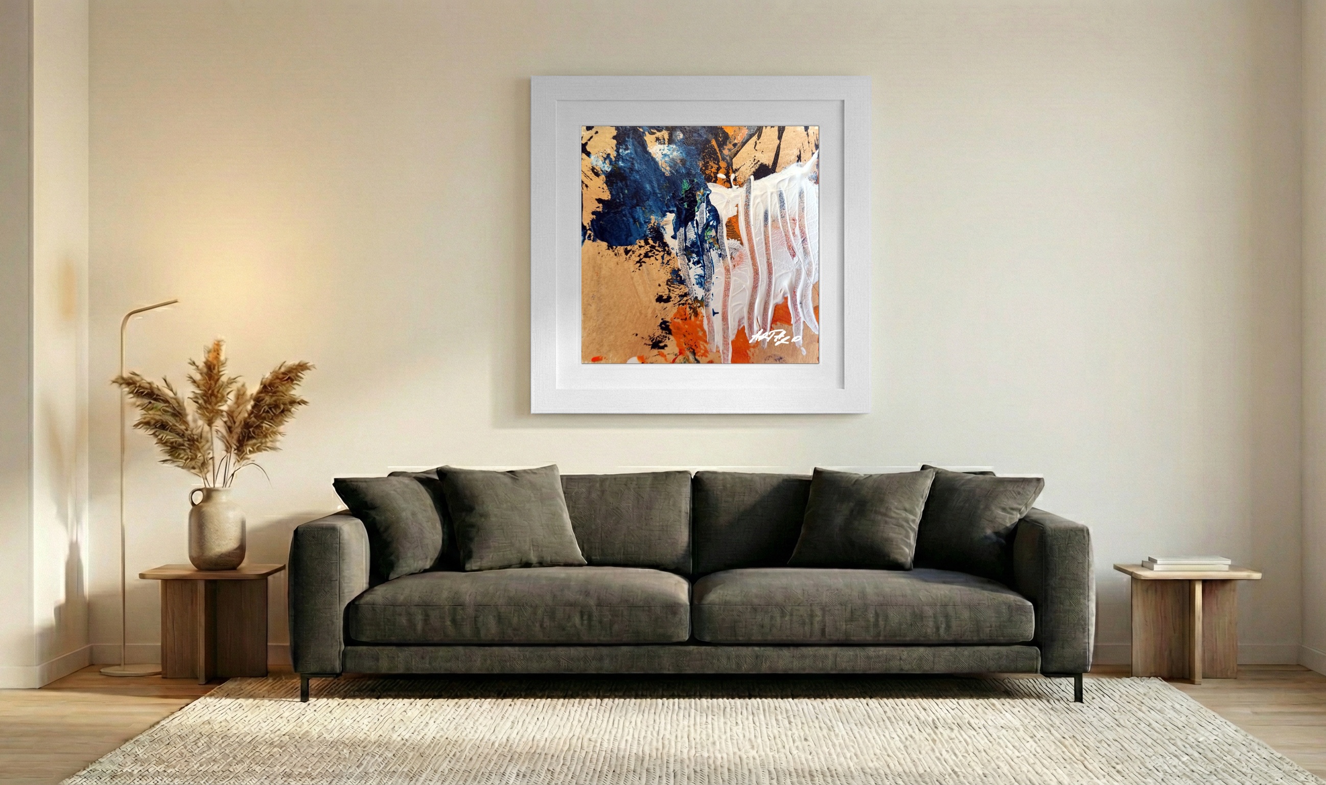 Navy and White Acrylic Abstract on Paper — art on the wall, room interior preview 3