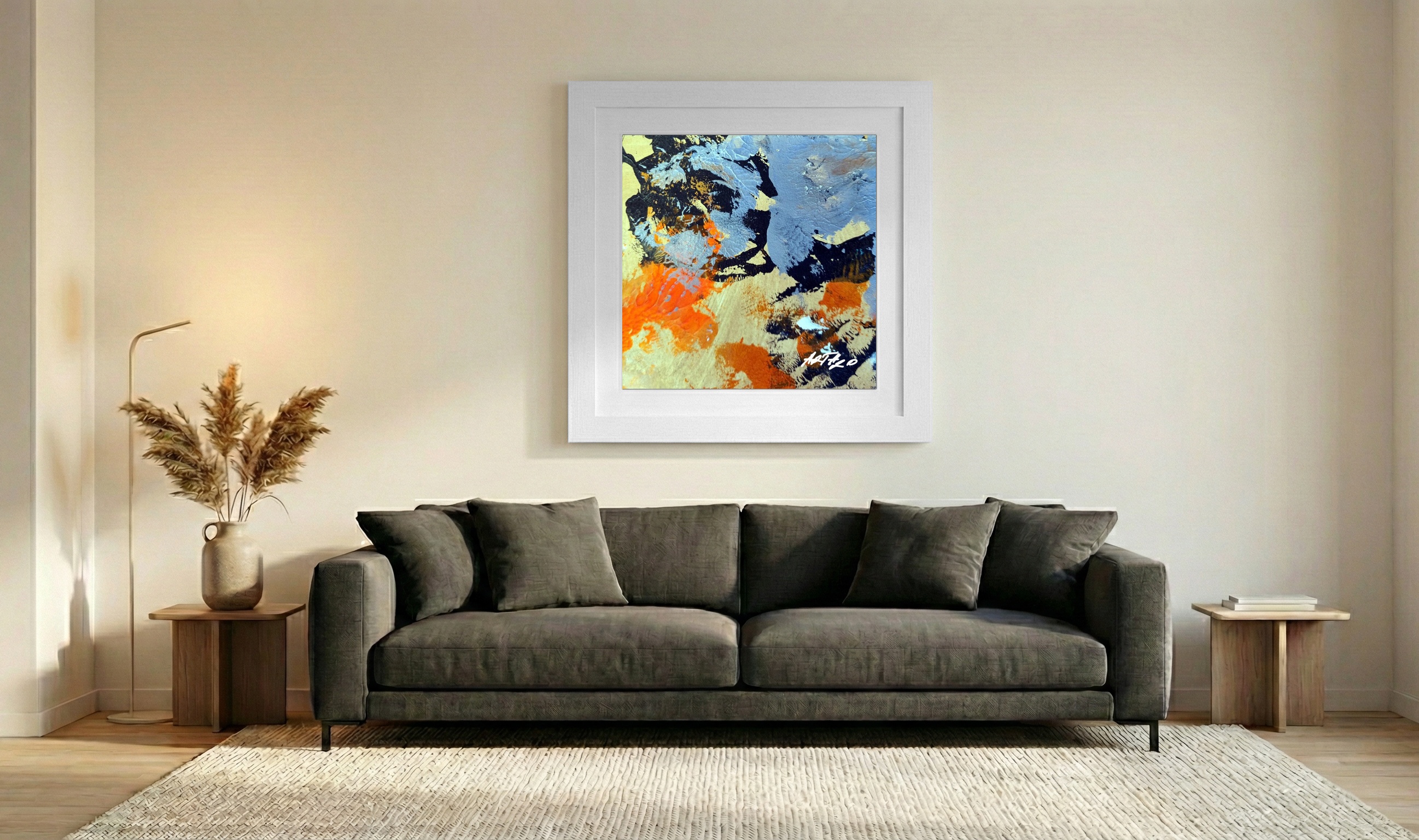 Burnt Orange and Black Abstract on Paper — art on the wall, room interior preview 3