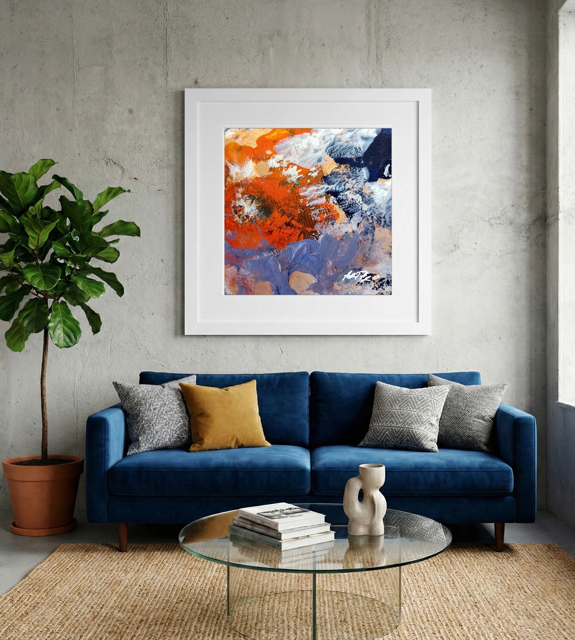 Burnt Orange and Blue Acrylic on Paper — art on the wall, room interior preview 2