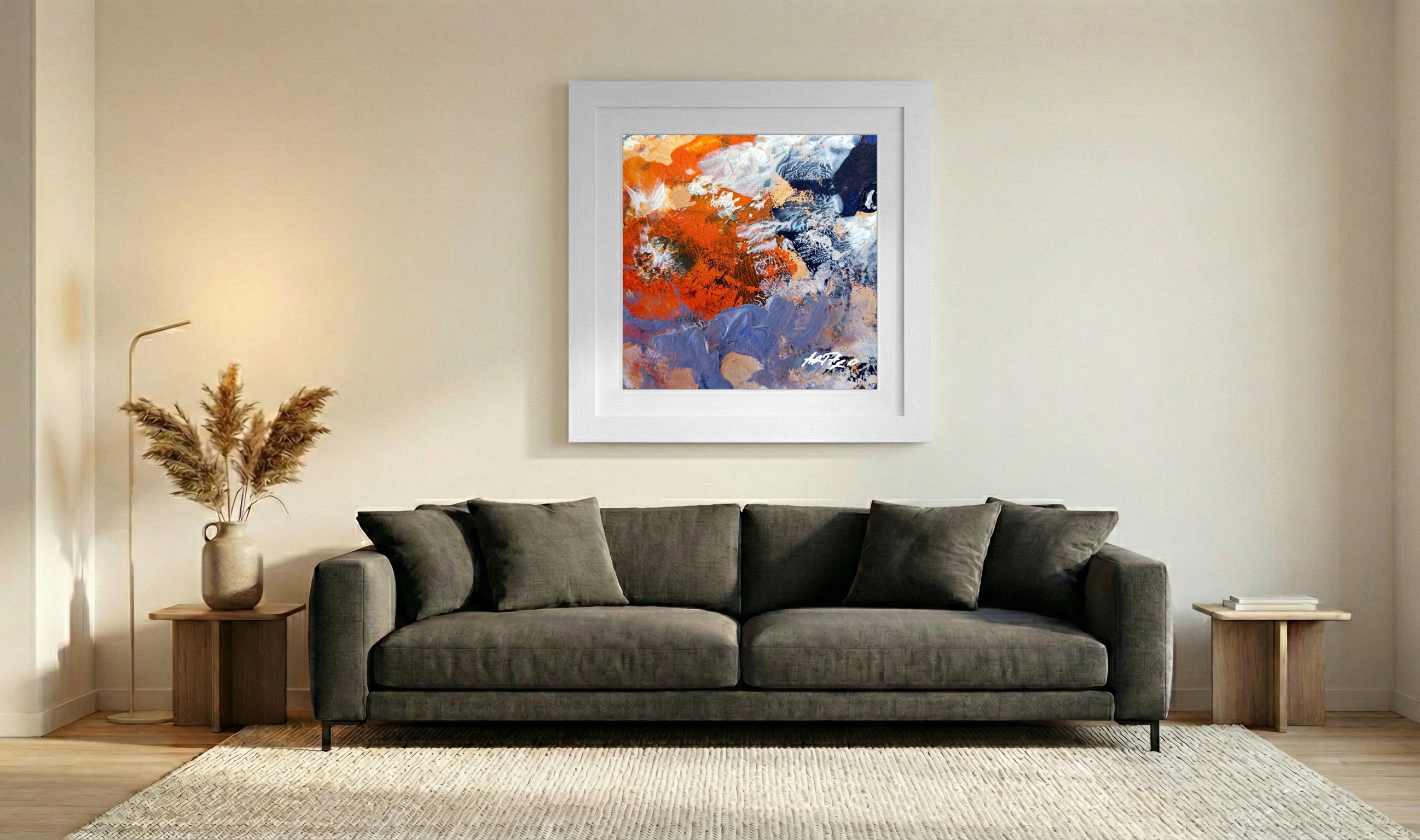 Burnt Orange and Blue Acrylic on Paper — art on the wall, room interior preview 3