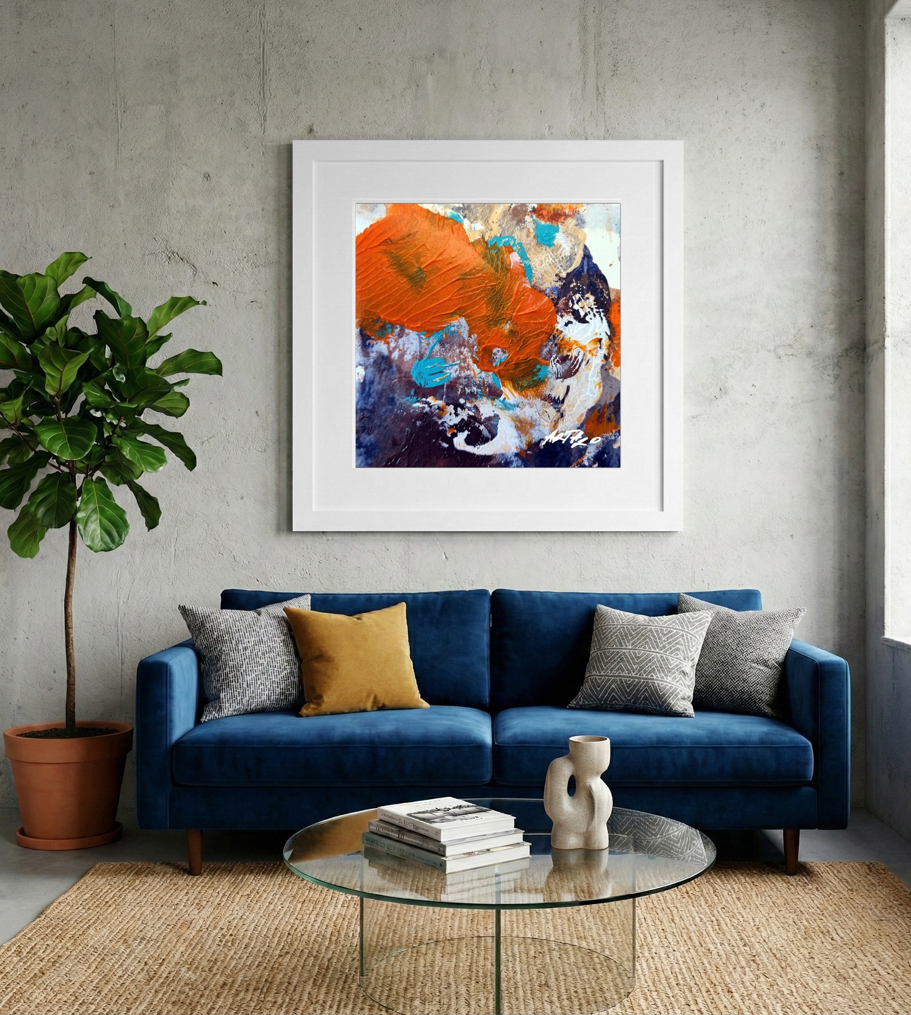 Burnt Orange and Turquoise Acrylic Abstract — art on the wall, room interior preview 2