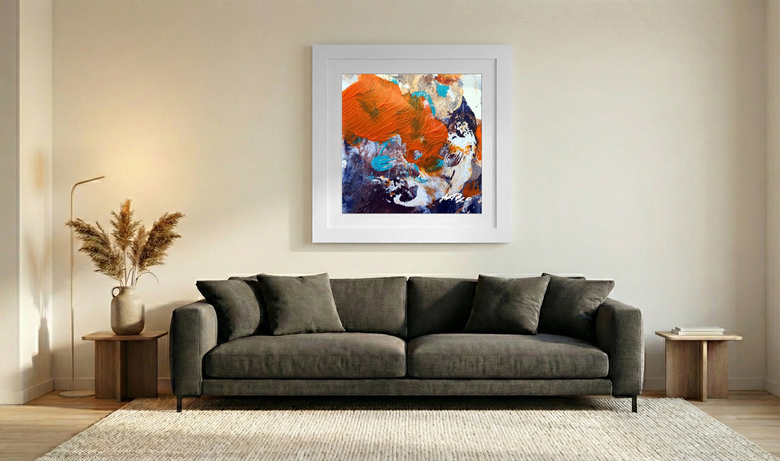 Burnt Orange and Turquoise Acrylic Abstract — art on the wall, room interior preview 3