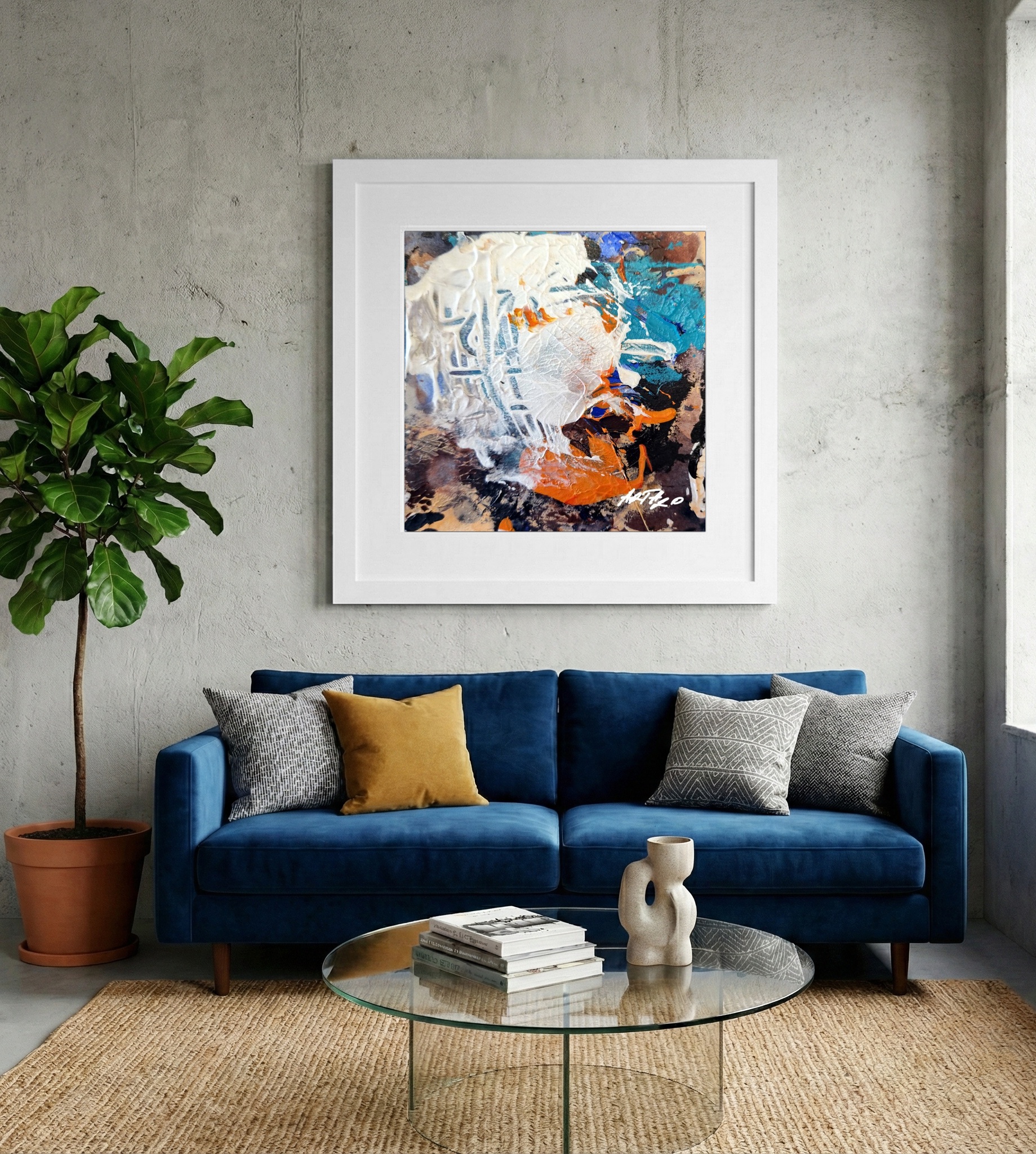 Vibrant Orange and Teal Abstract on Paper — art on the wall, room interior preview 2