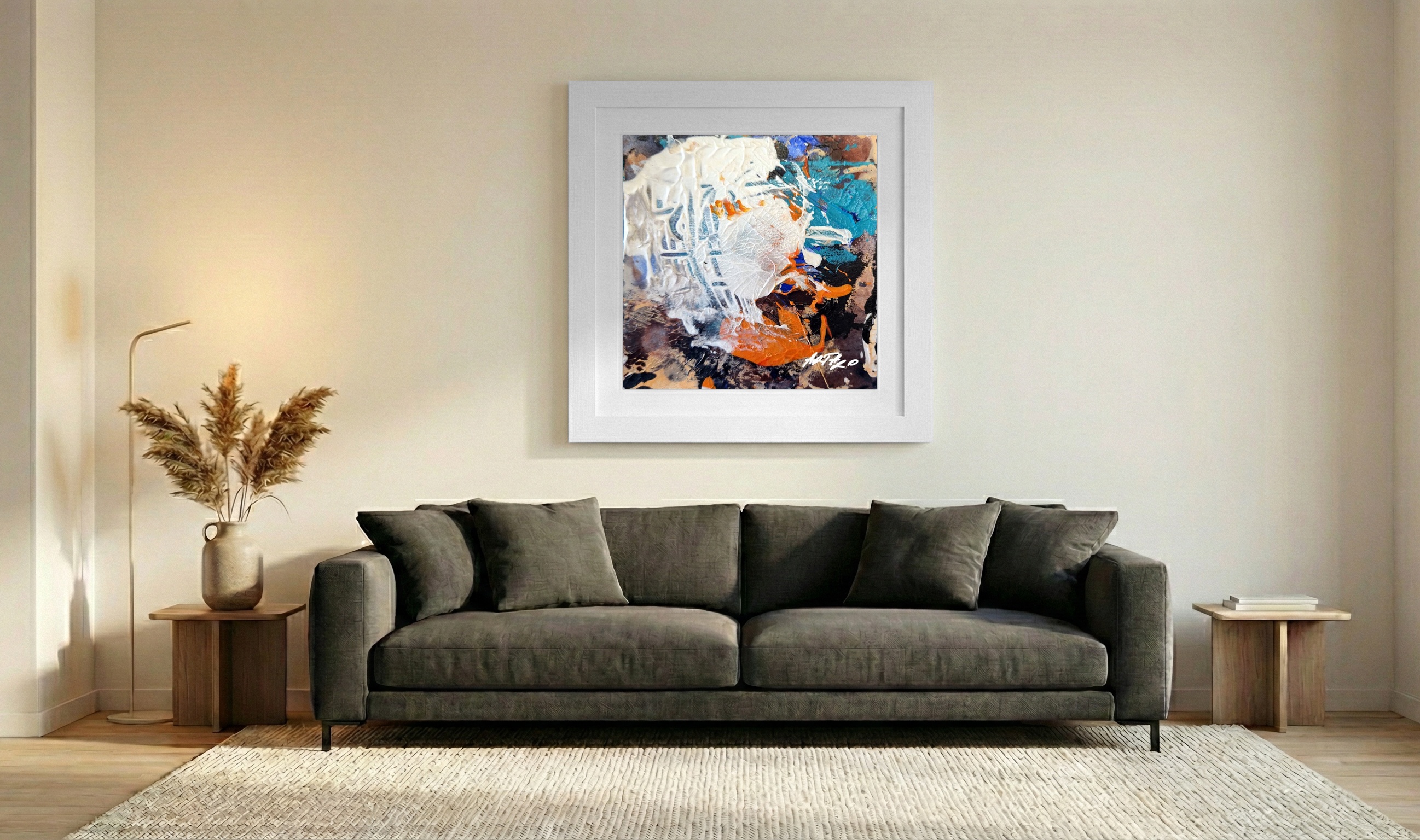 Vibrant Orange and Teal Abstract on Paper — art on the wall, room interior preview 3