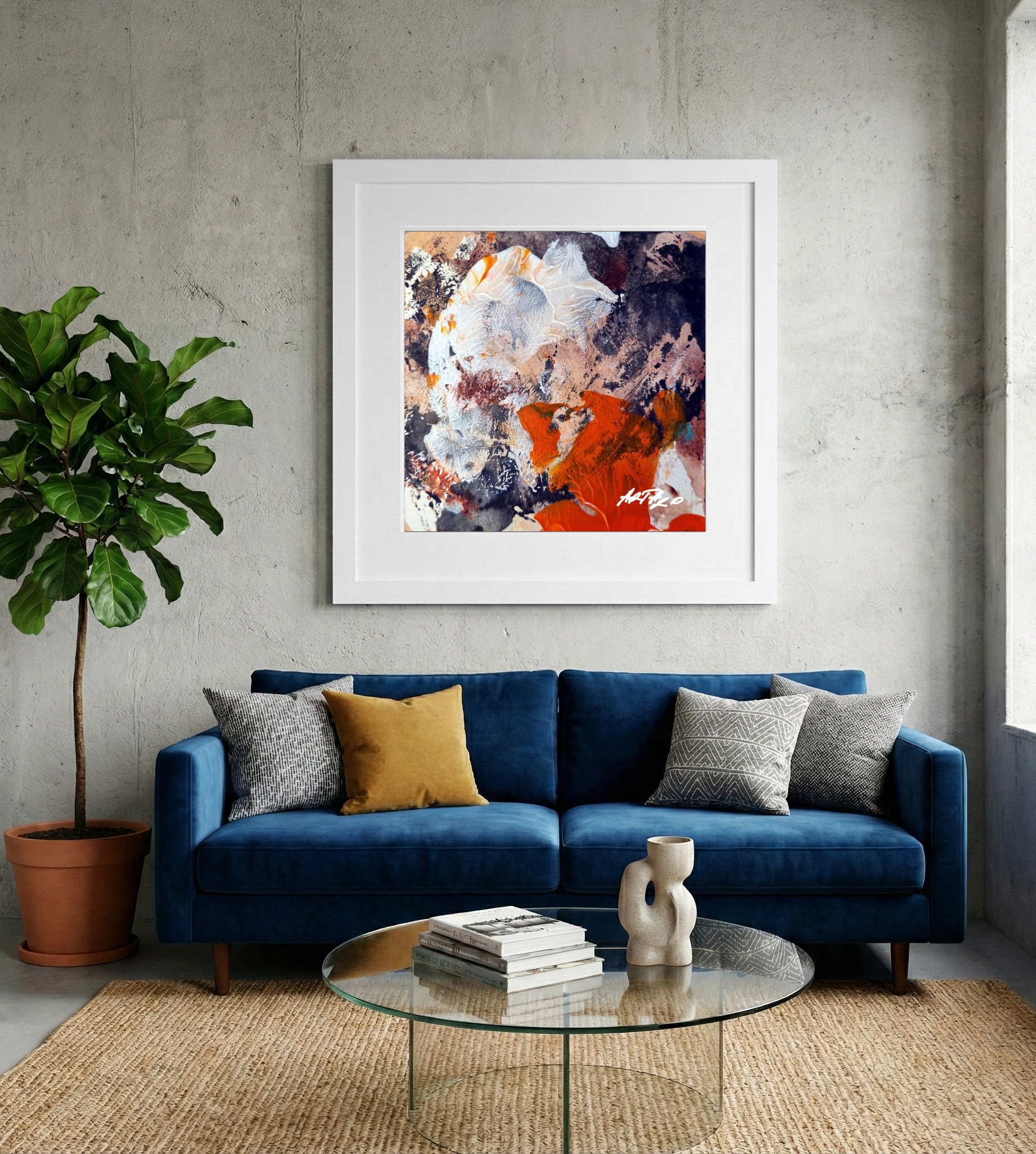 Burnt Orange and White Acrylic on Paper — art on the wall, room interior preview 2