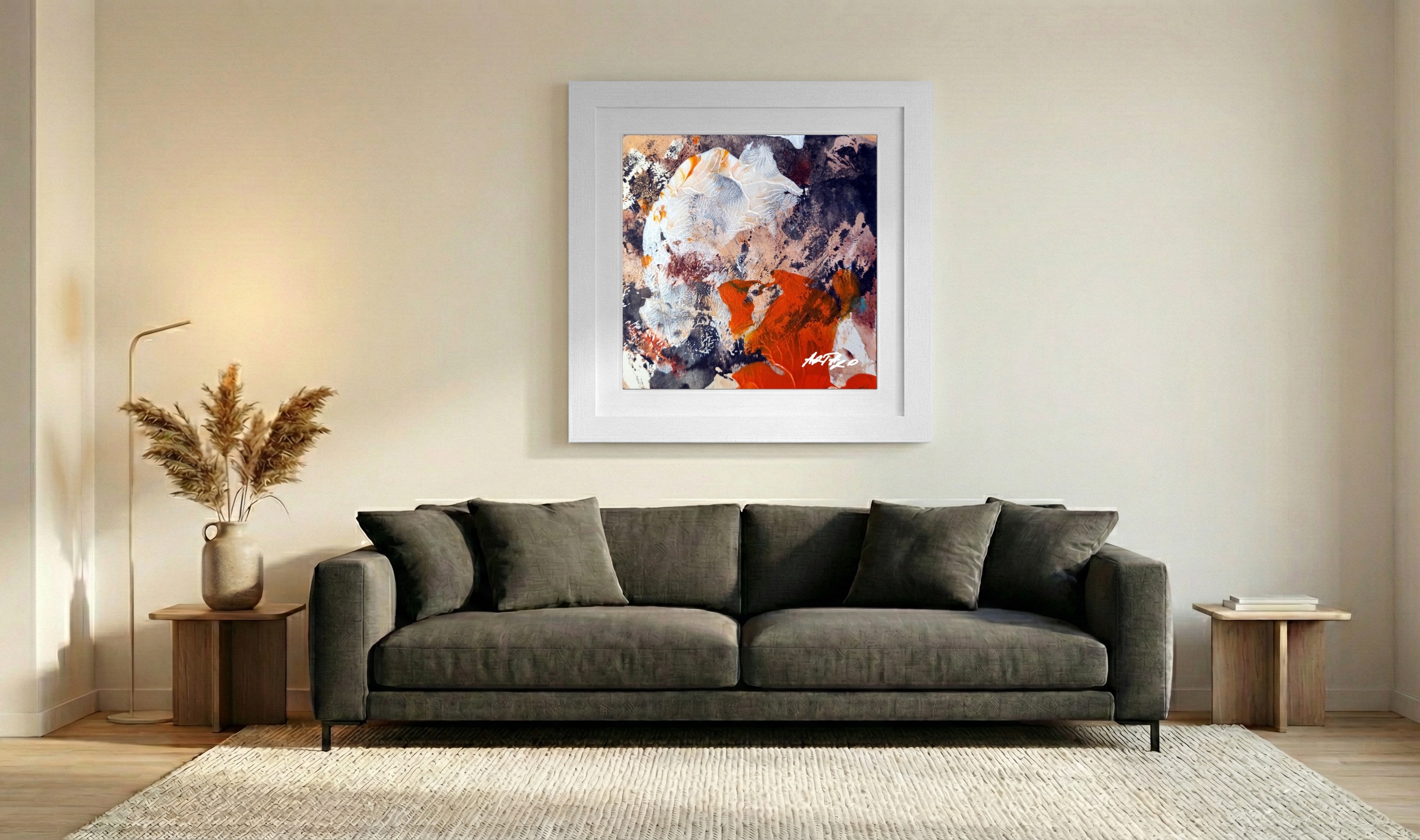 Burnt Orange and White Acrylic on Paper — art on the wall, room interior preview 3
