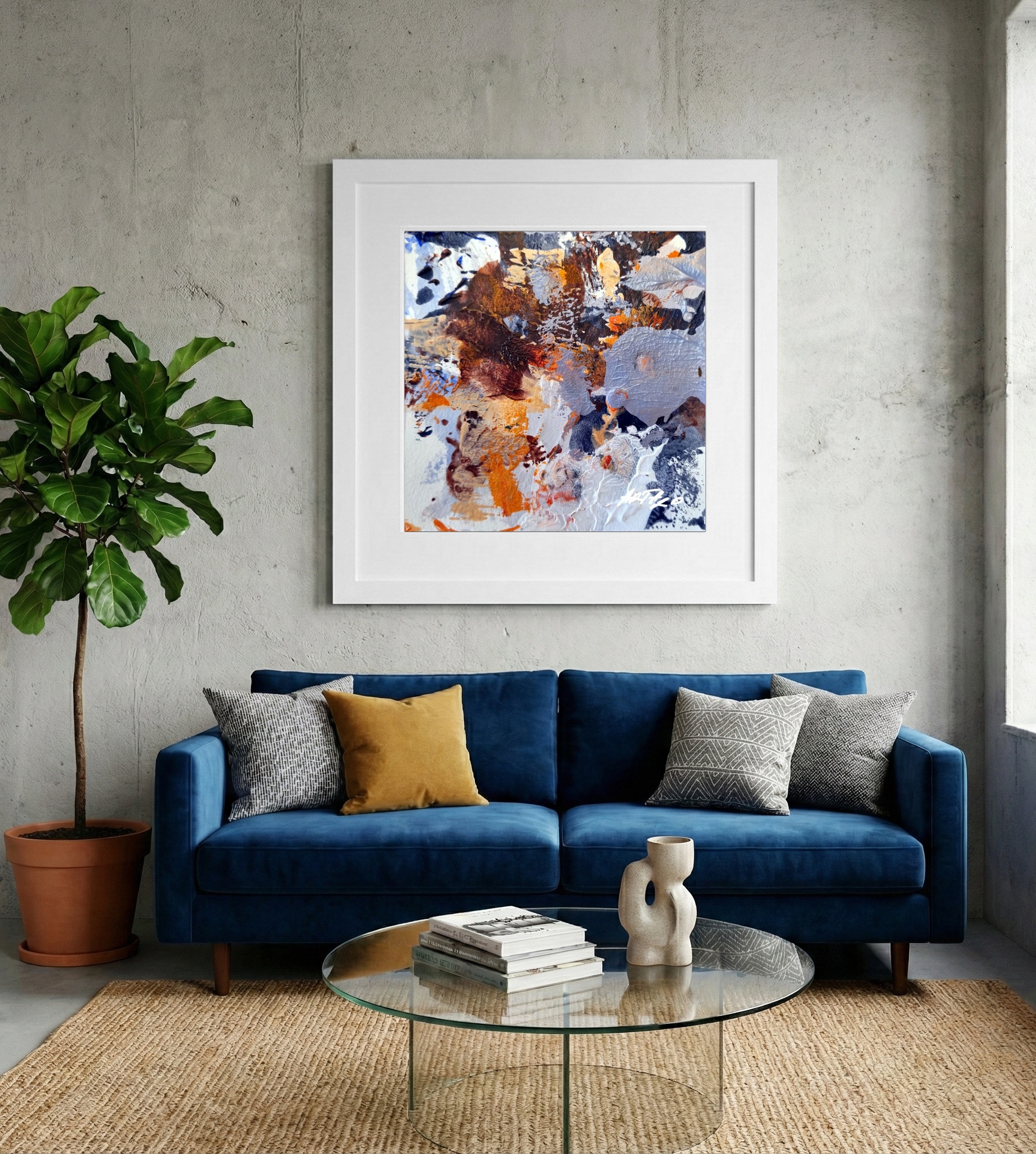 Burnt Orange and Gray Abstract on Paper — art on the wall, room interior preview 2