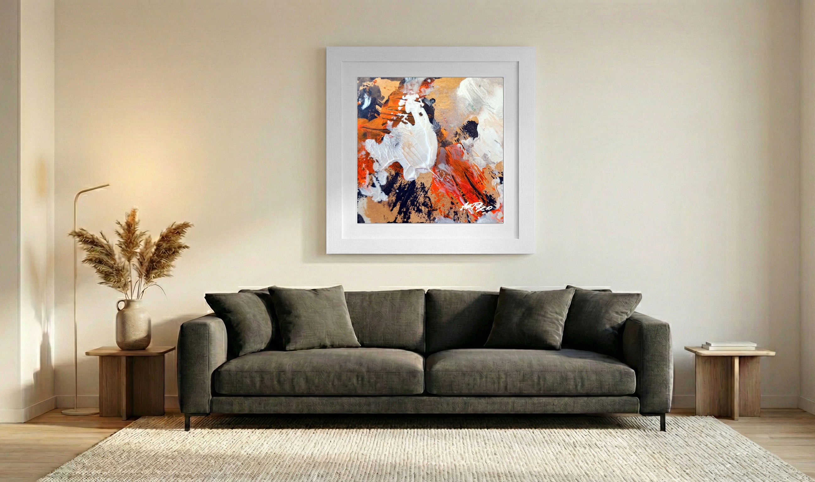 Crimson and White Acrylic on Paper — art on the wall, room interior preview 3