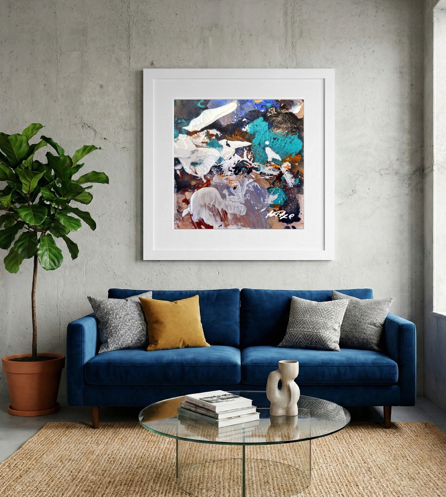 Turquoise Swirls on Paper — art on the wall, room interior preview 2