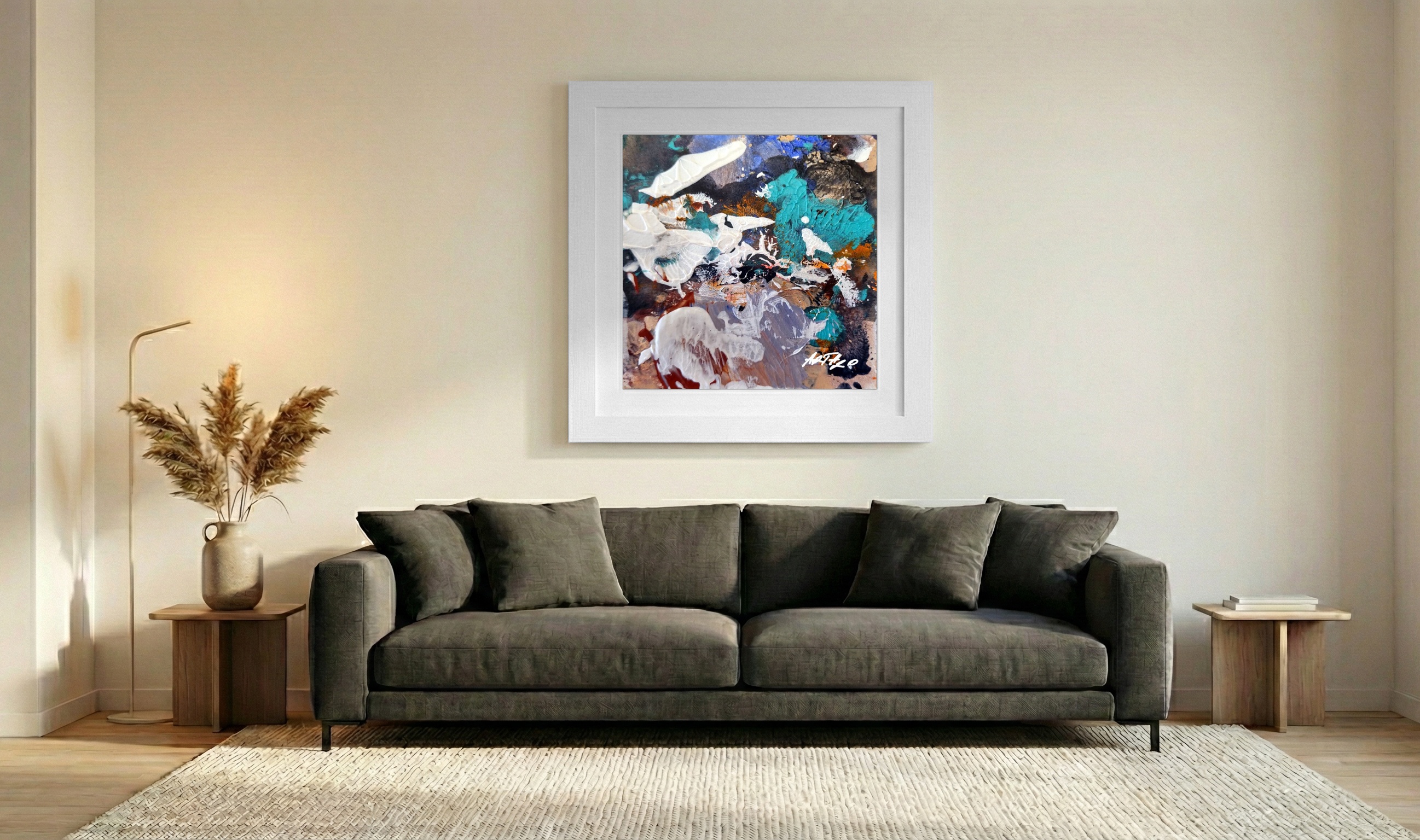 Turquoise Swirls on Paper — art on the wall, room interior preview 3