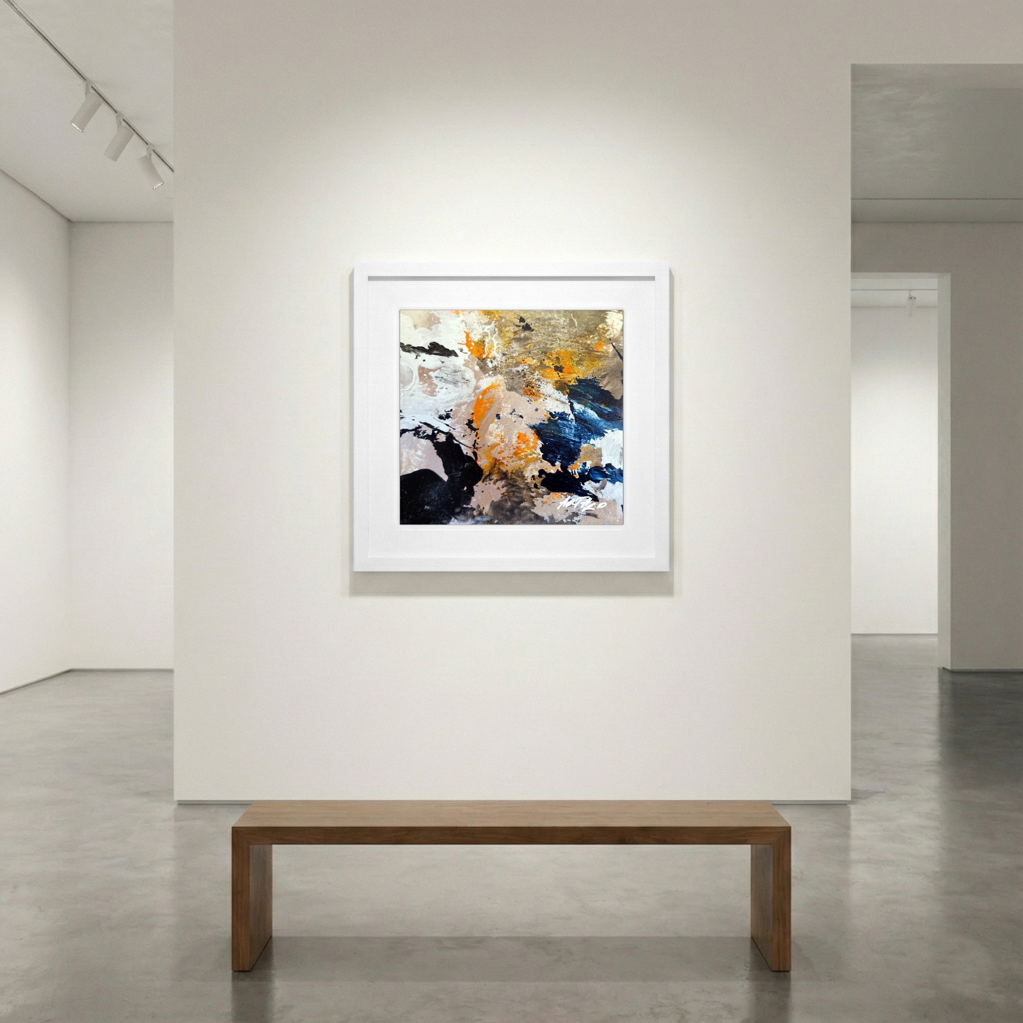 Burnt Orange and Deep Blue Abstract on Paper — art on the wall, room interior preview 1