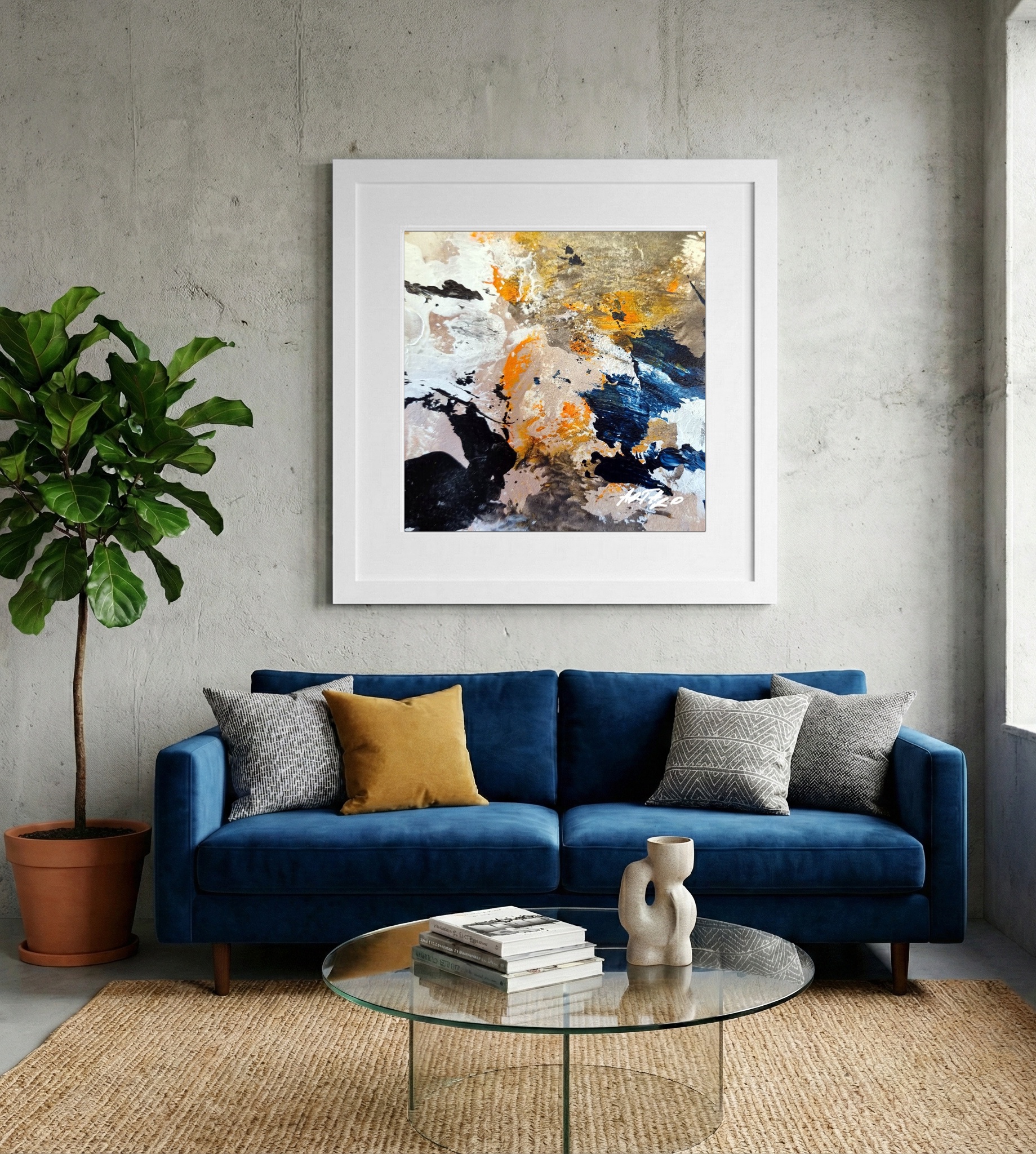 Burnt Orange and Deep Blue Abstract on Paper — art on the wall, room interior preview 2