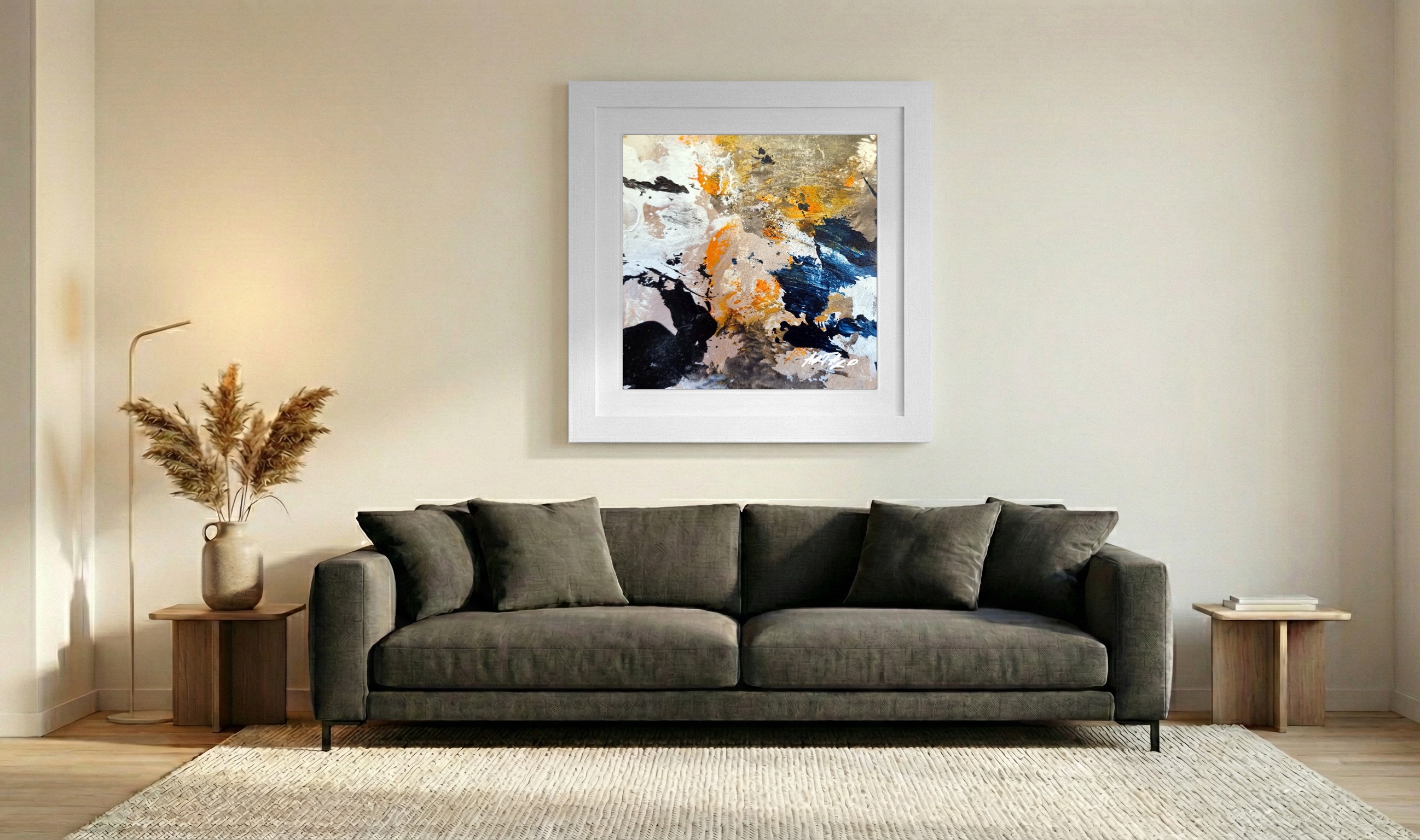 Burnt Orange and Deep Blue Abstract on Paper — art on the wall, room interior preview 3