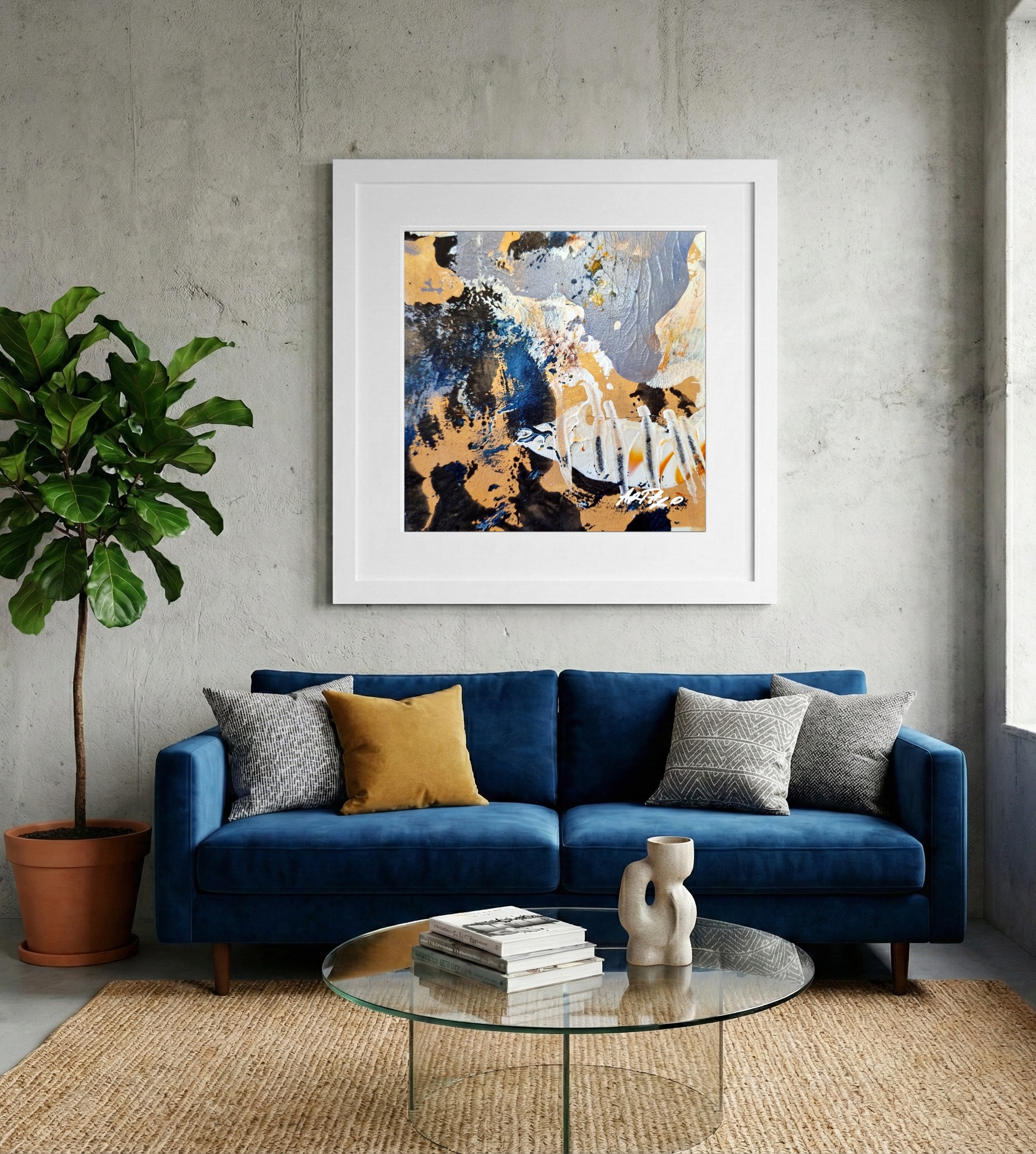 Burnt Sienna and Soft Grey Abstract on Paper — art on the wall, room interior preview 2