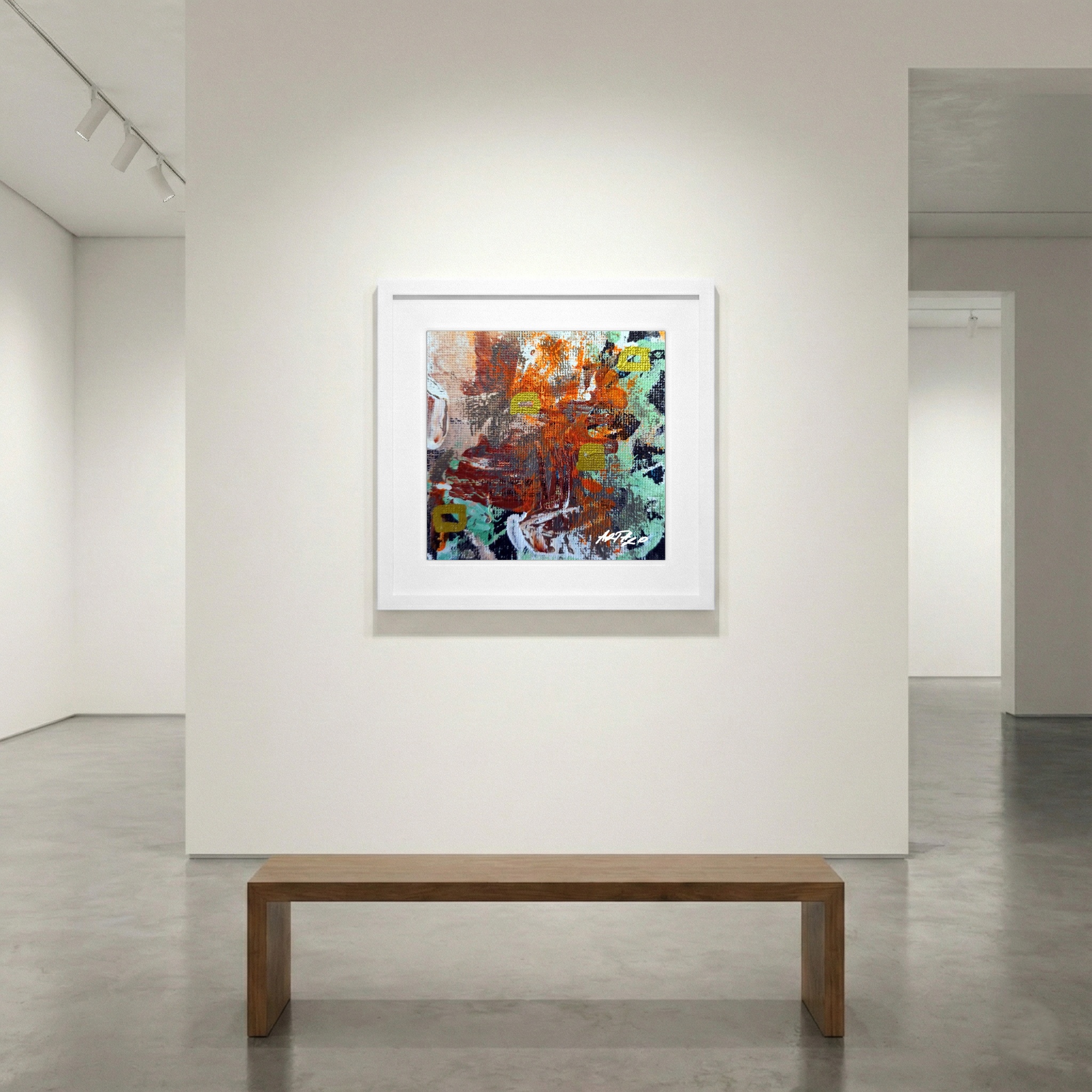 Burnt Orange and Green Acrylic Abstract — art on the wall, room interior preview 1