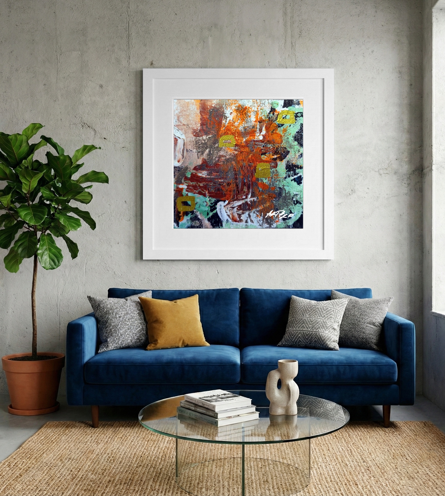 Burnt Orange and Green Acrylic Abstract — art on the wall, room interior preview 2