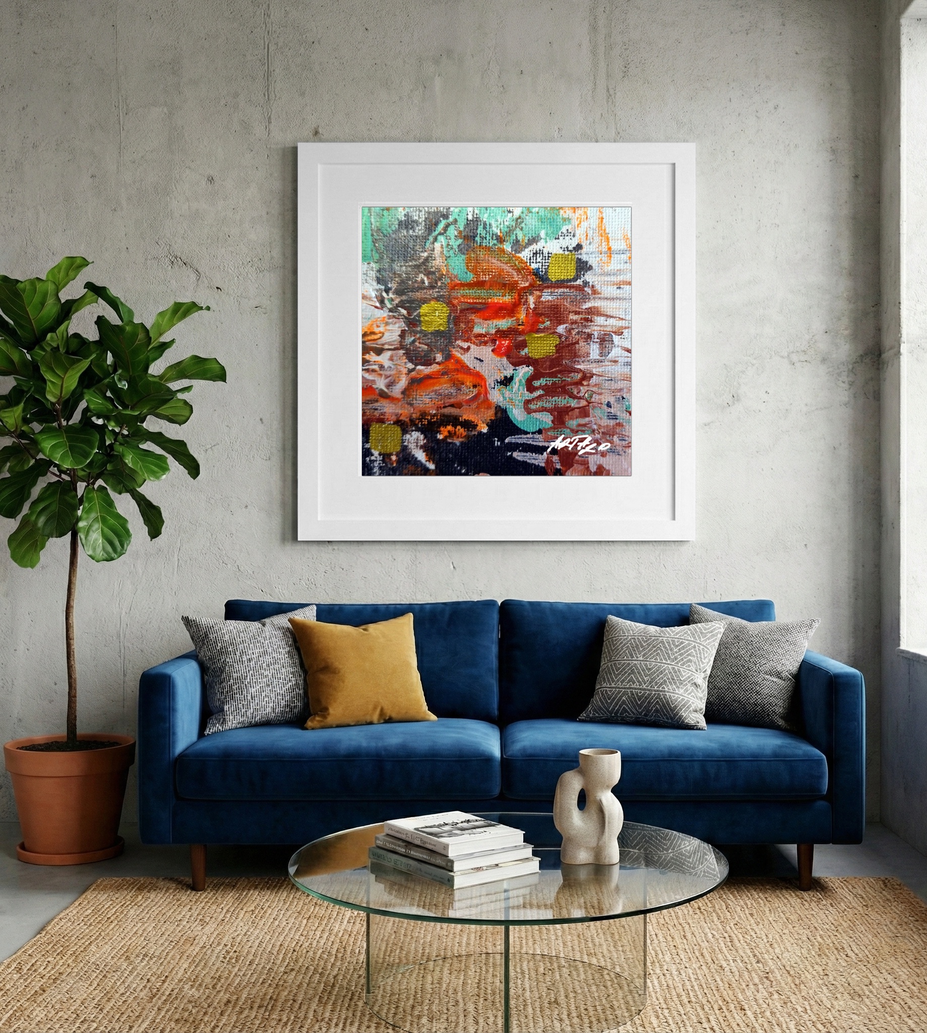 Burnt Orange and Deep Teal on Paper — art on the wall, room interior preview 2