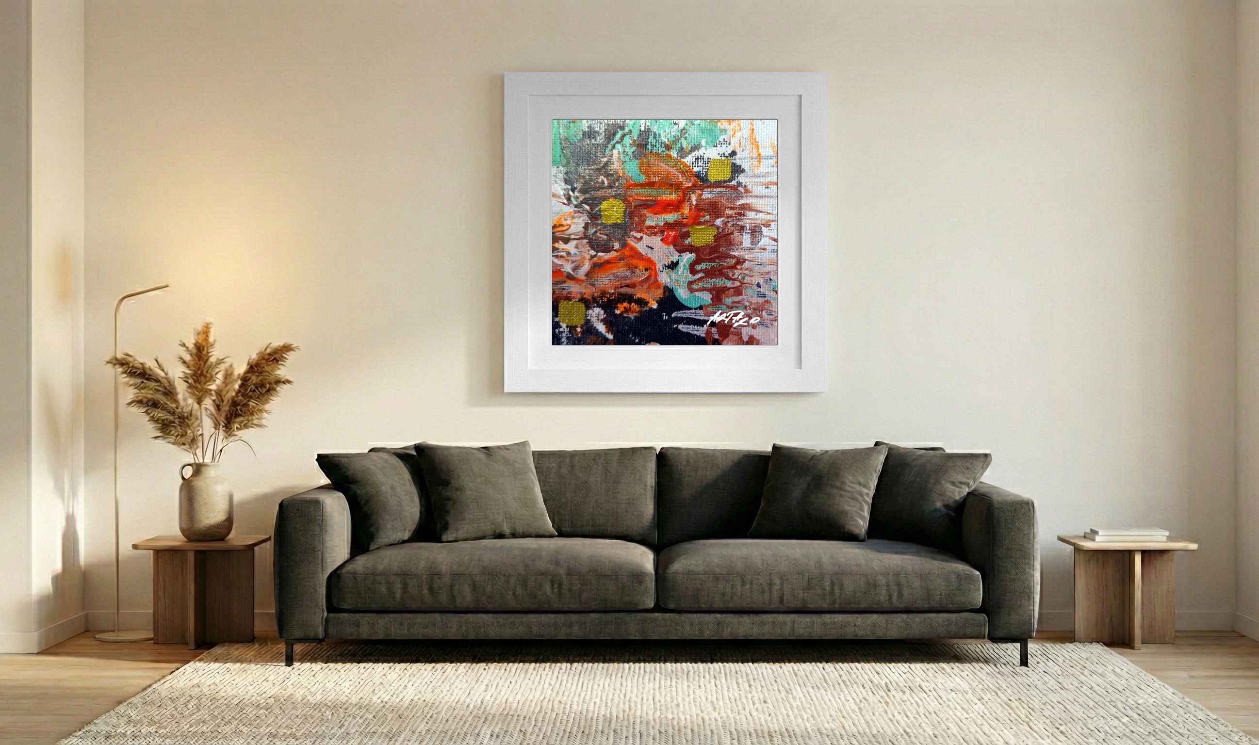 Burnt Orange and Deep Teal on Paper — art on the wall, room interior preview 3