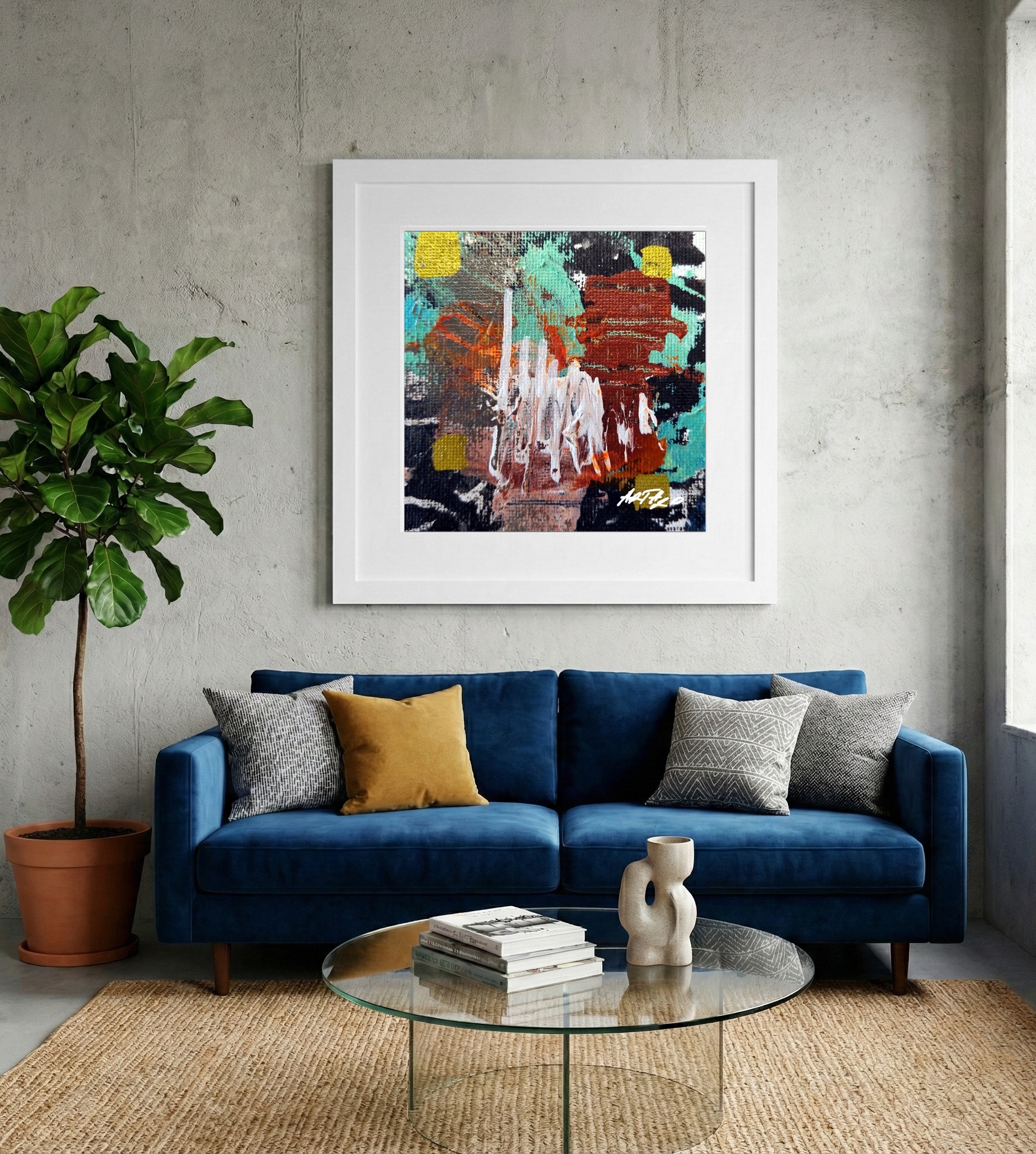 Turquoise and Burnt Sienna Abstract on Paper — art on the wall, room interior preview 2