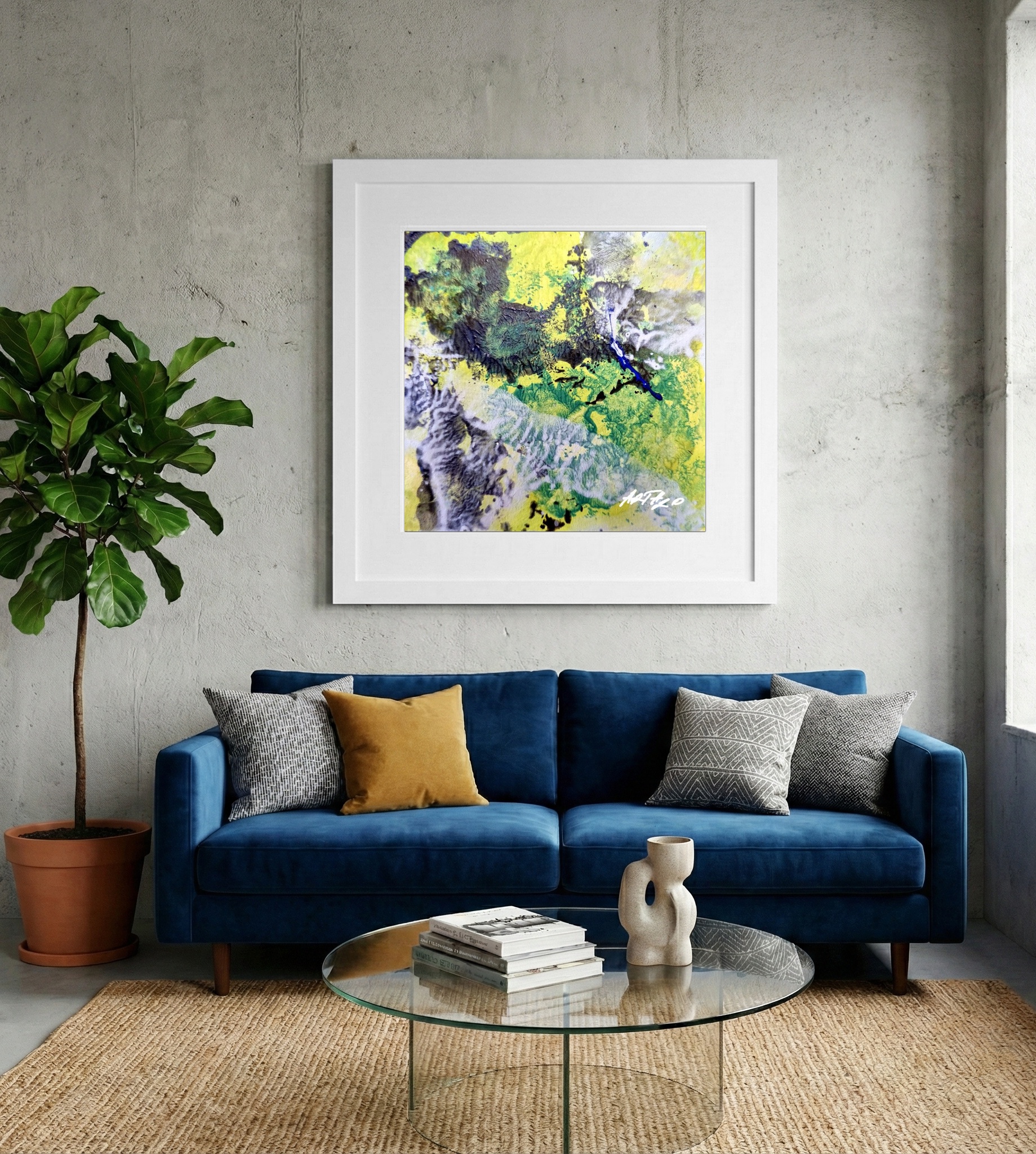 Lime Green and Yellow Abstract on Paper — art on the wall, room interior preview 2