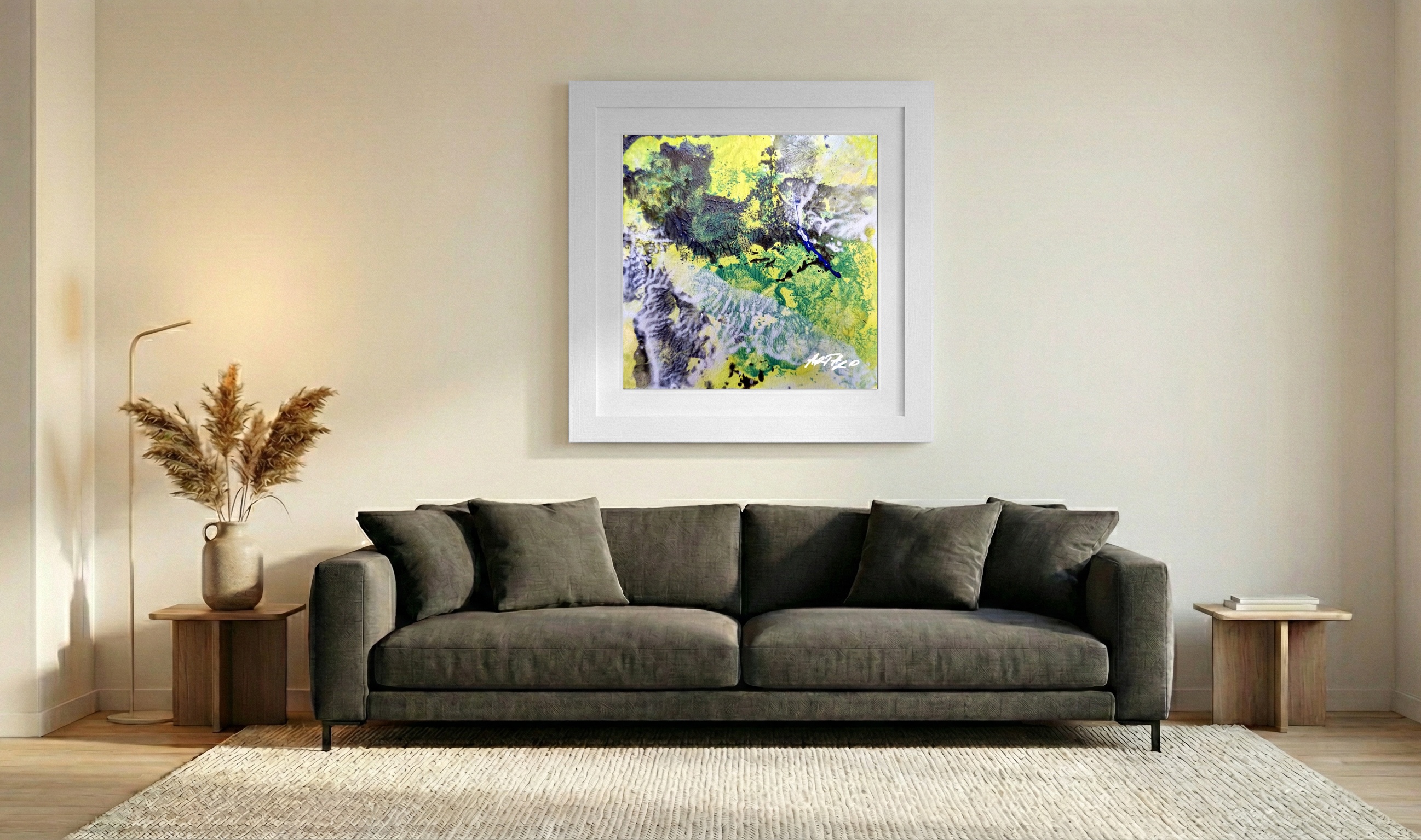 Lime Green and Yellow Abstract on Paper — art on the wall, room interior preview 3