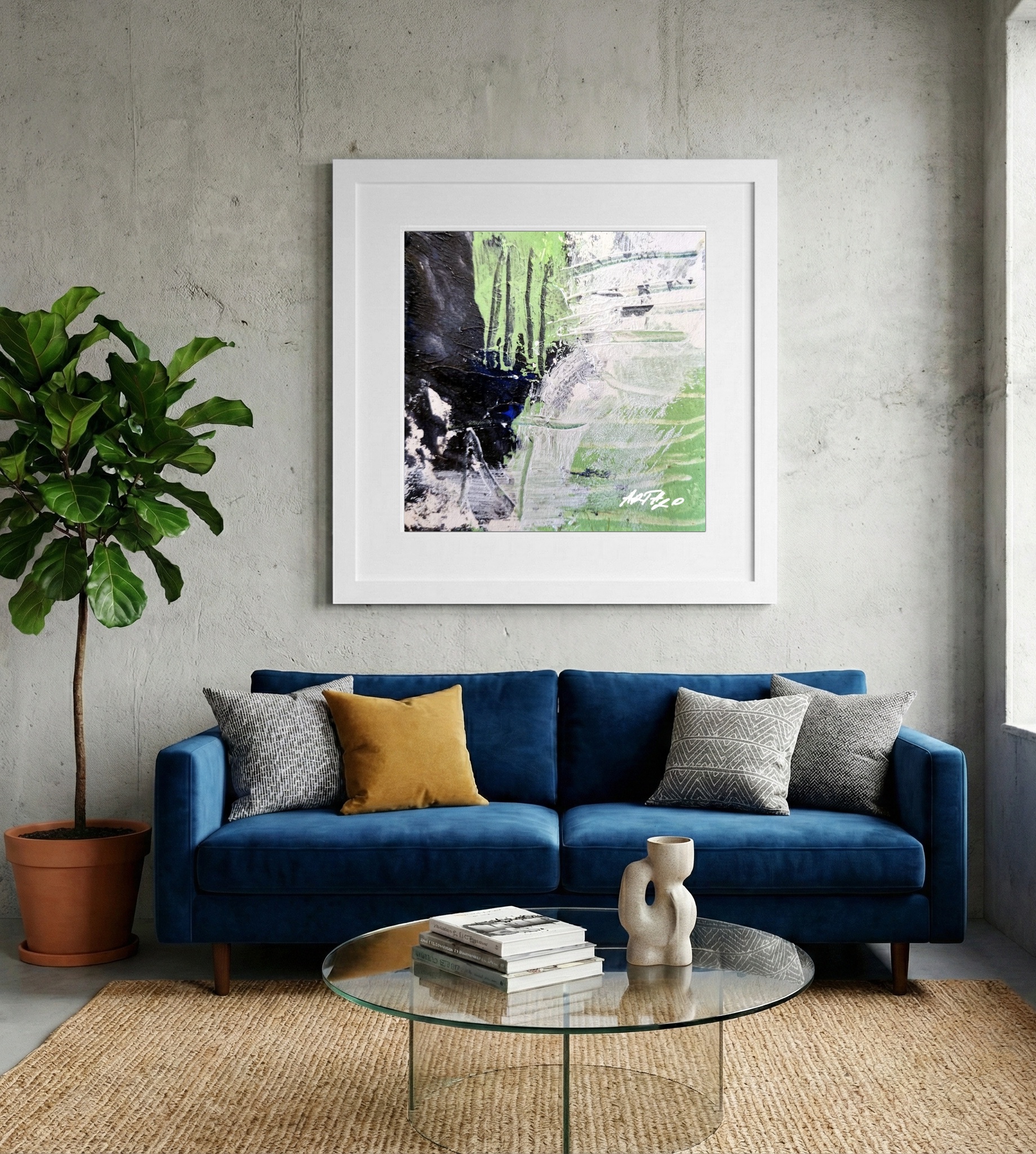 Emerald and Black Abstract on Paper — art on the wall, room interior preview 2