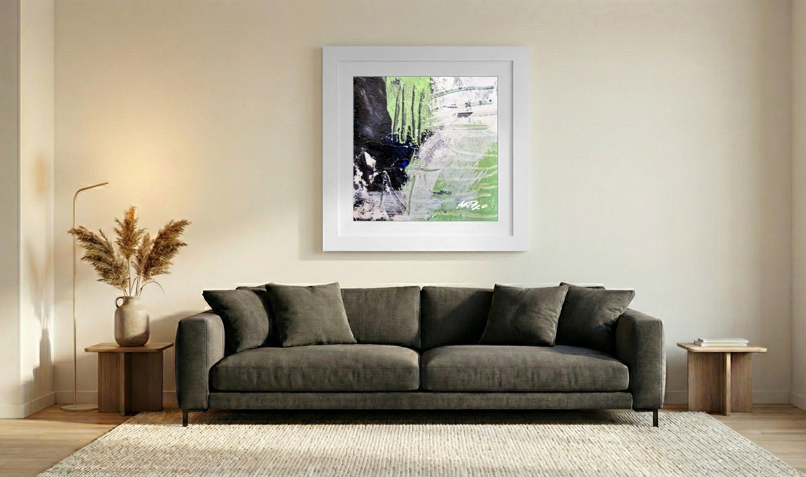 Emerald and Black Abstract on Paper — art on the wall, room interior preview 3