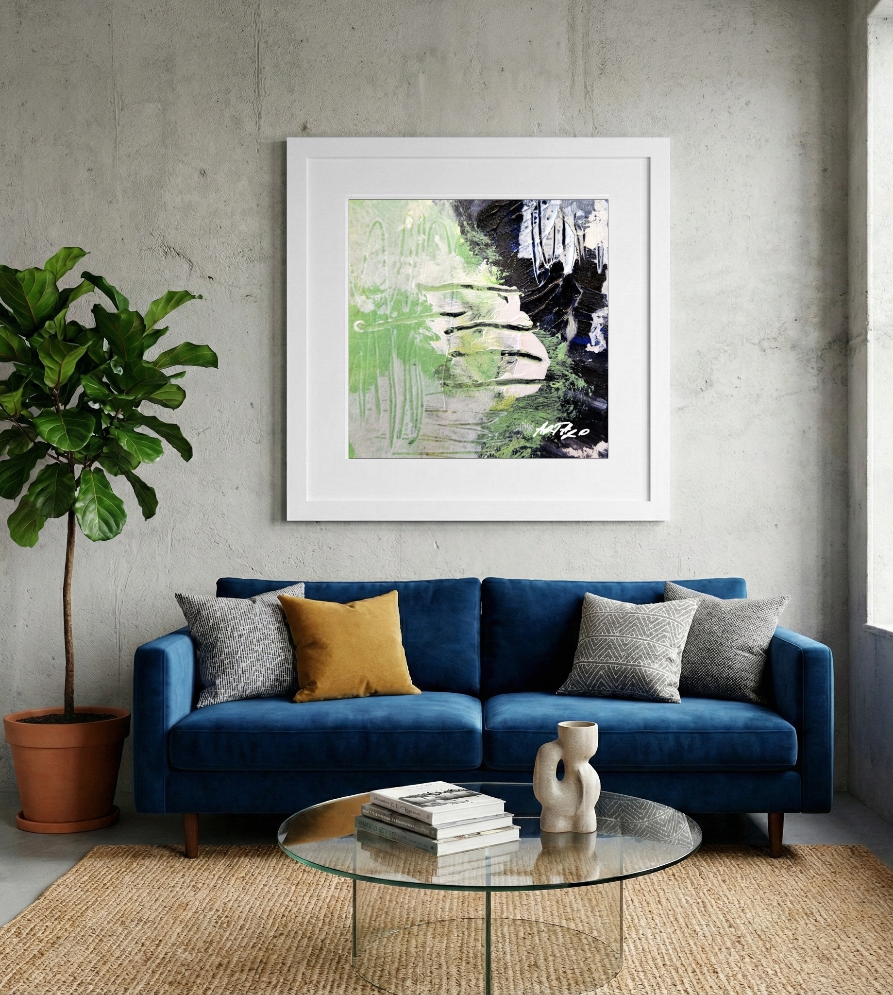 Lime Green and Black Abstract on Paper — art on the wall, room interior preview 2