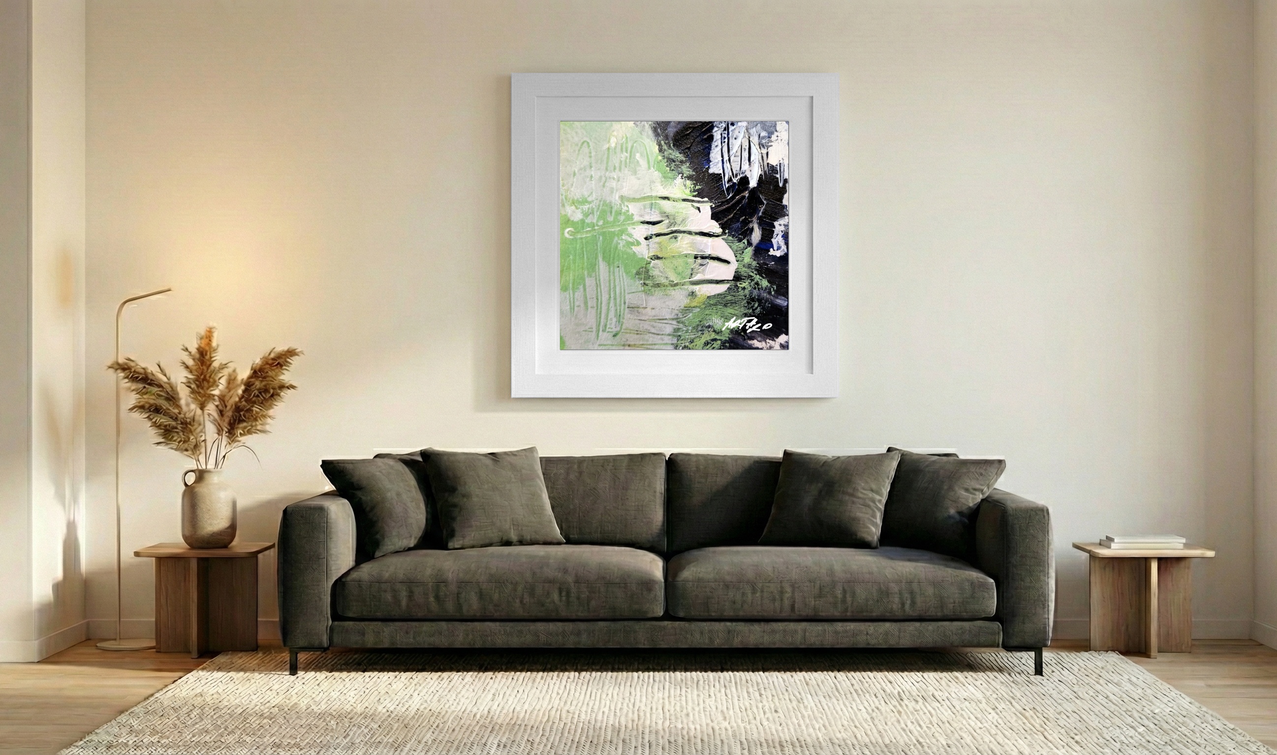 Lime Green and Black Abstract on Paper — art on the wall, room interior preview 3