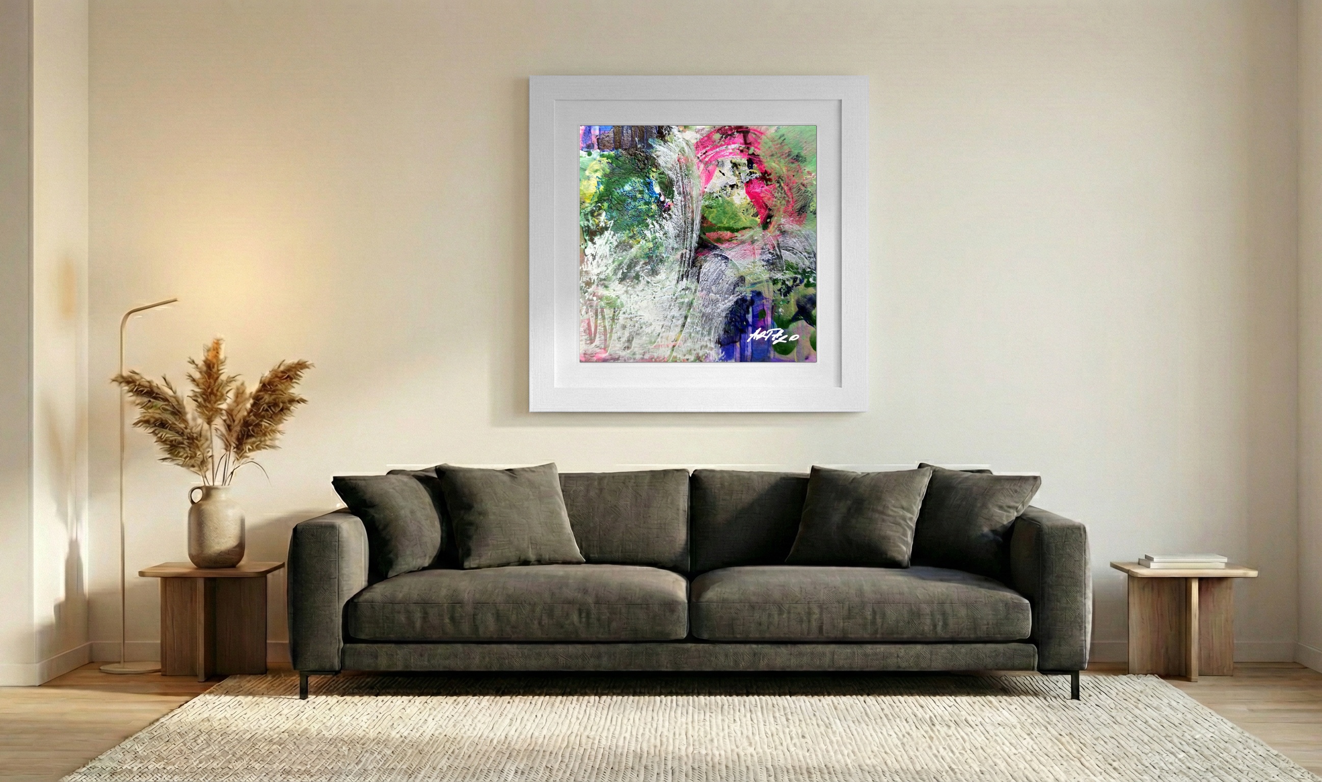 Green and Pink Ink Explosion on Paper — art on the wall, room interior preview 3