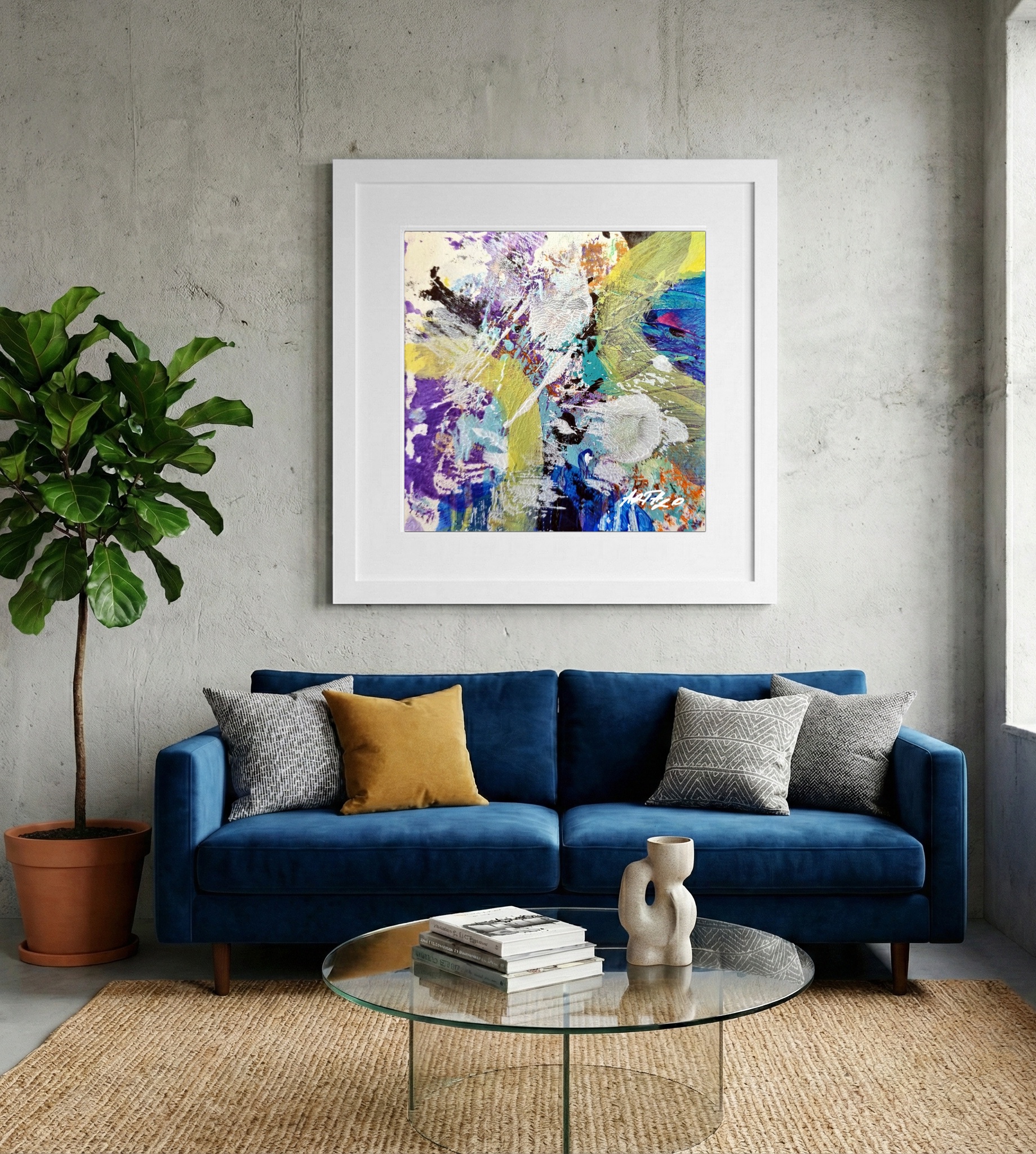 Purple and Teal Acrylic Abstract on Paper — art on the wall, room interior preview 2