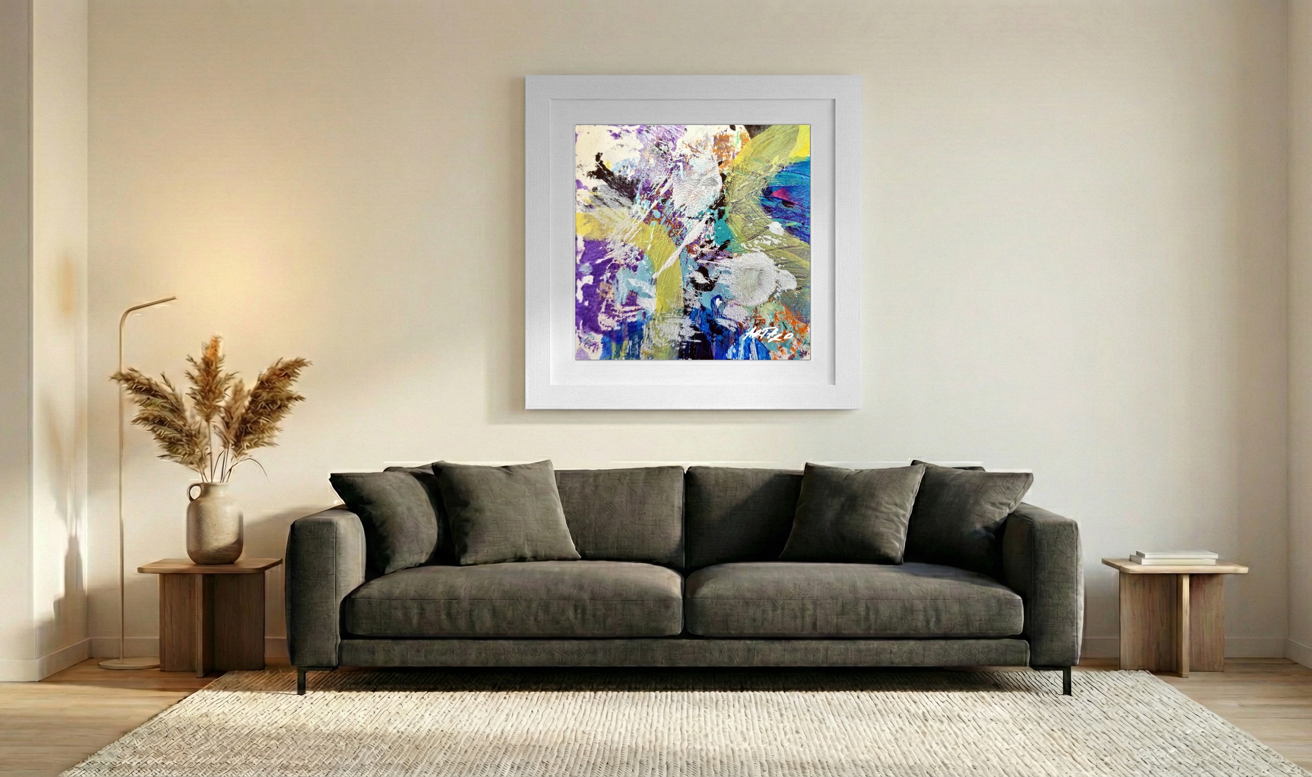 Purple and Teal Acrylic Abstract on Paper — art on the wall, room interior preview 3