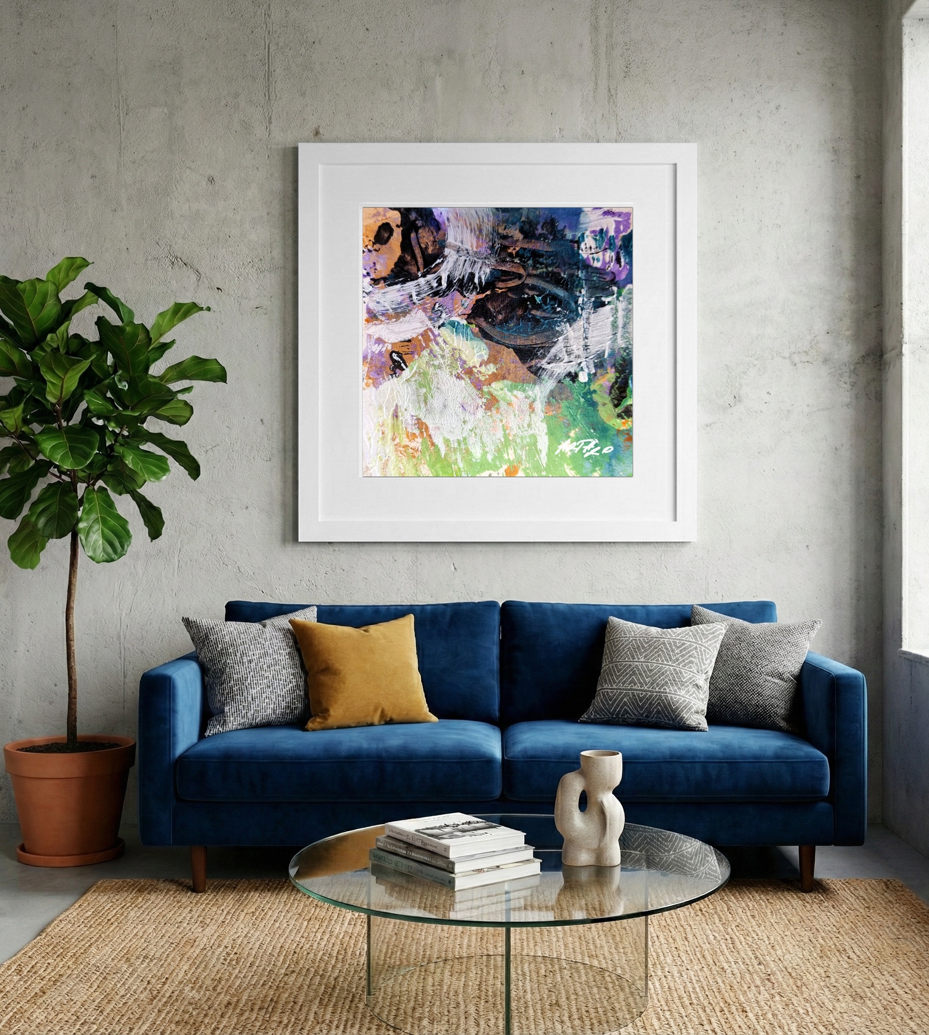 Violet and Emerald Acrylic Abstract on Paper — art on the wall, room interior preview 2