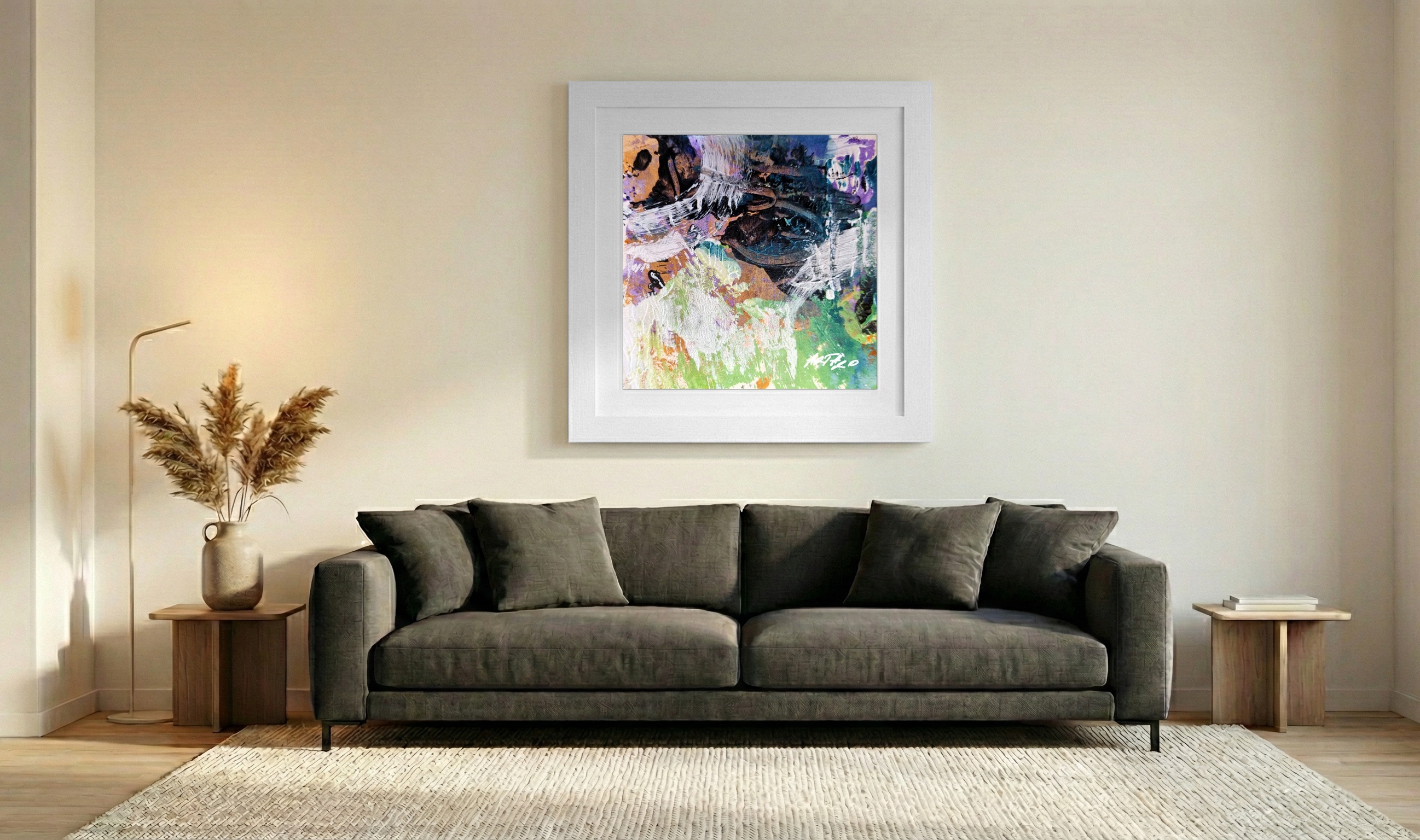 Violet and Emerald Acrylic Abstract on Paper — art on the wall, room interior preview 3