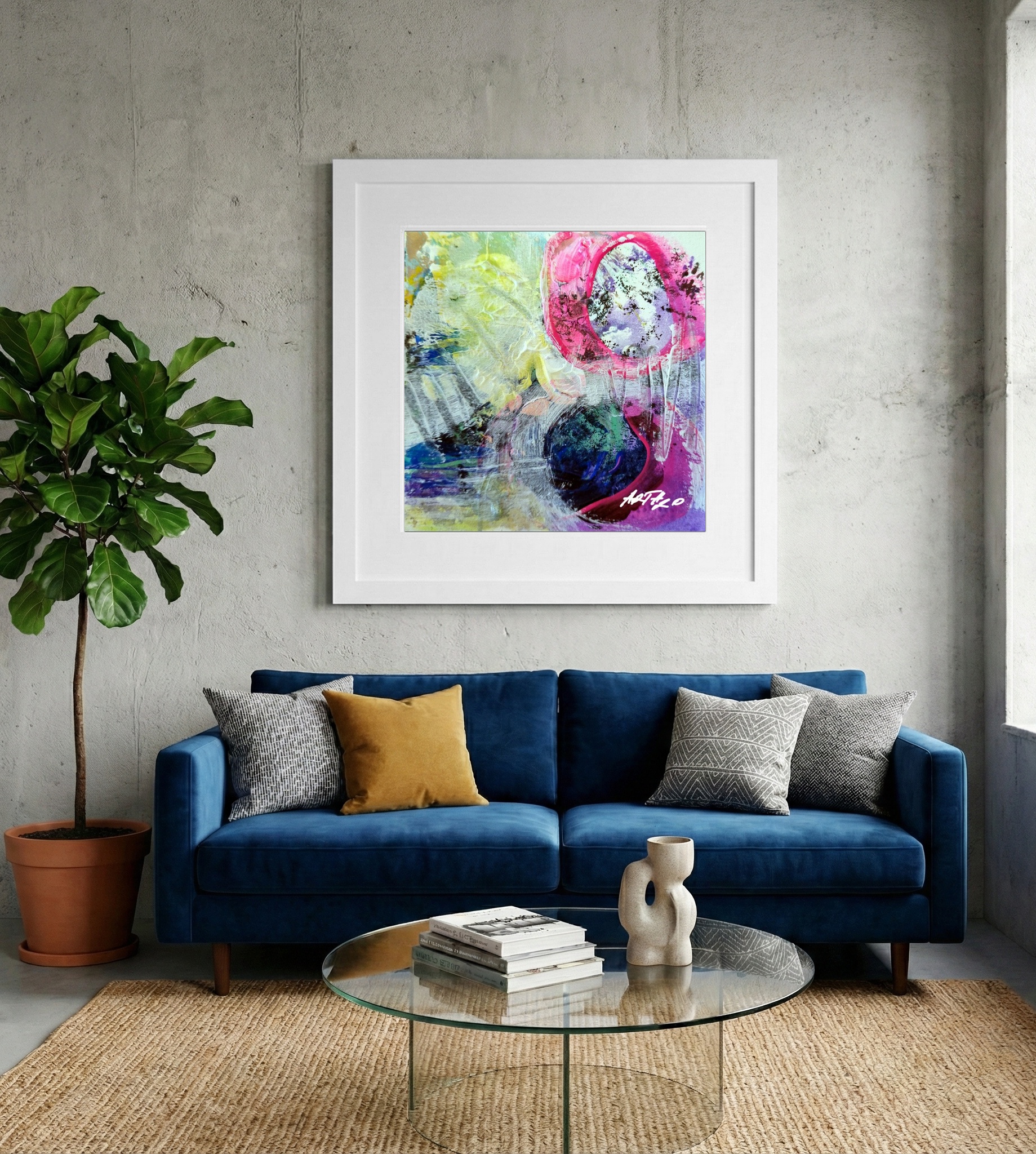 Magenta and Yellow Abstract on Paper — art on the wall, room interior preview 2
