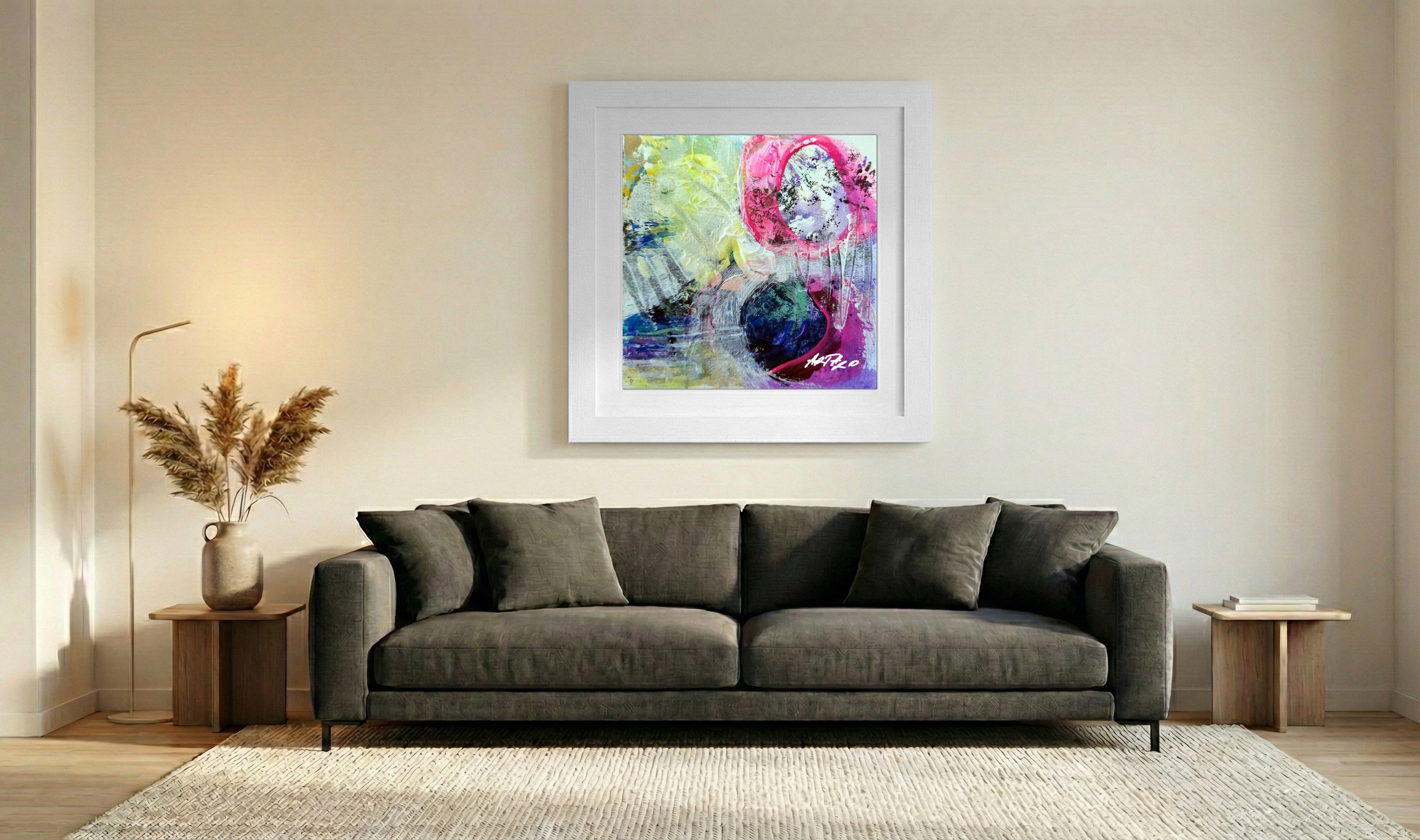 Magenta and Yellow Abstract on Paper — art on the wall, room interior preview 3