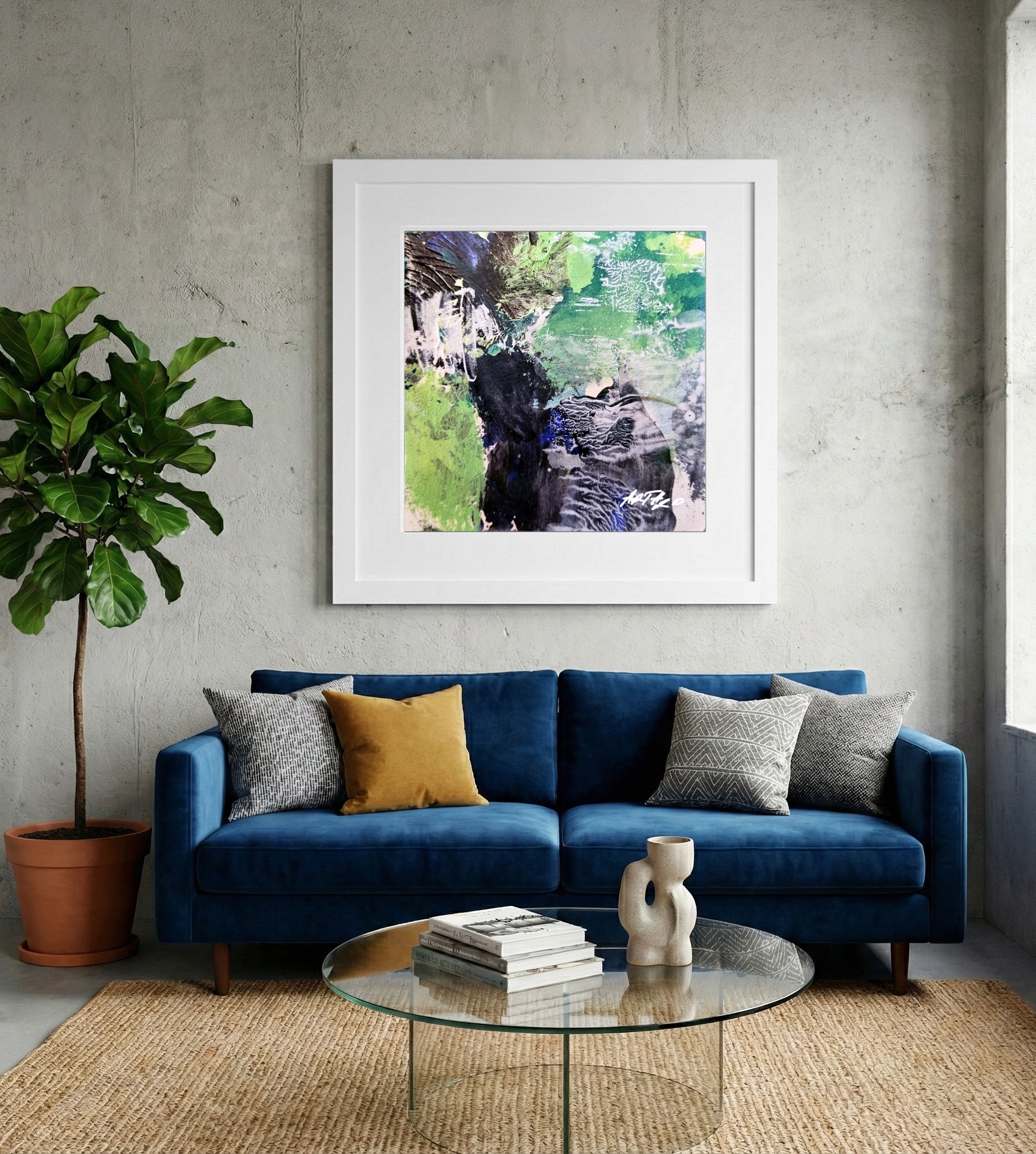 Emerald Green and Black Abstract on Paper — art on the wall, room interior preview 2