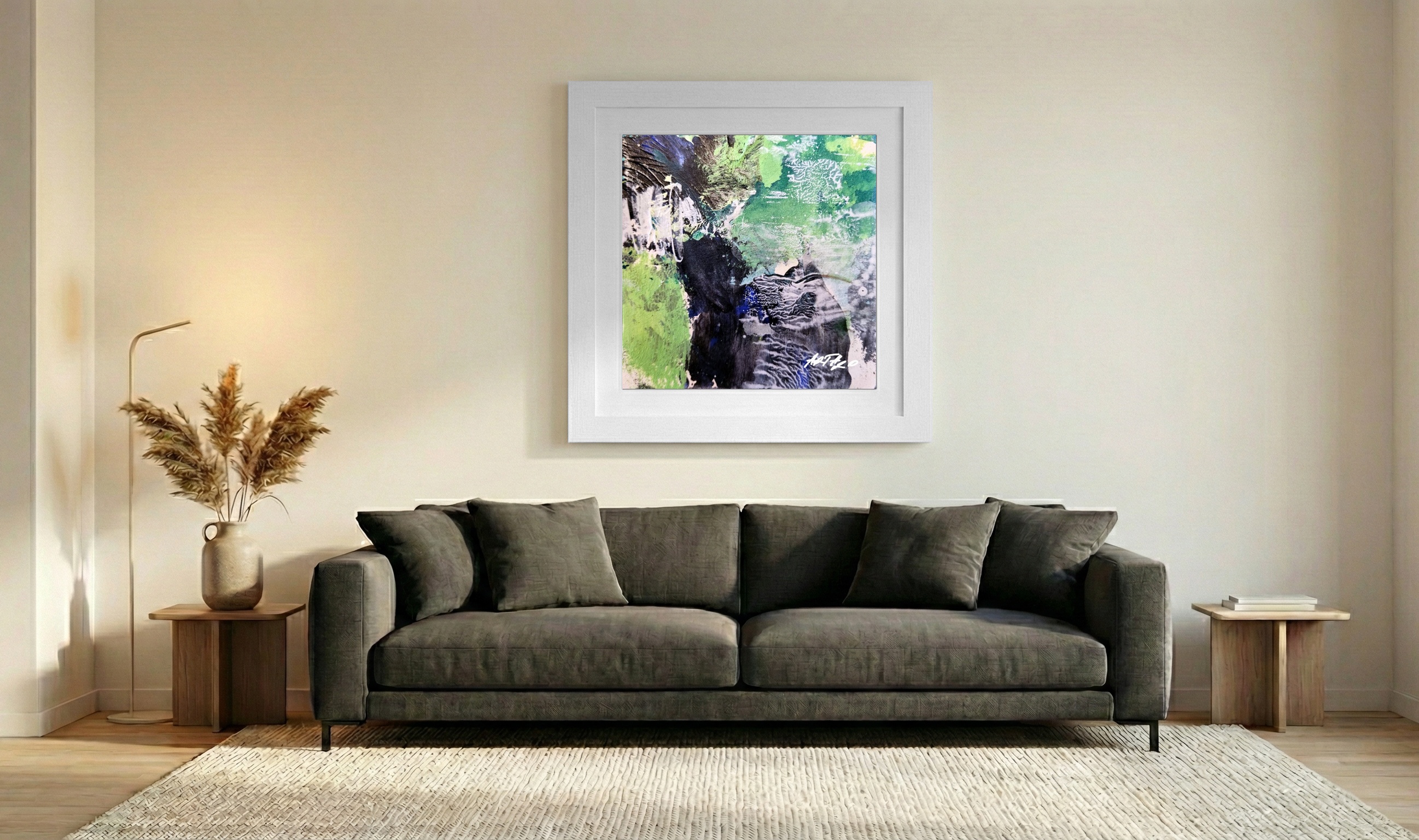 Emerald Green and Black Abstract on Paper — art on the wall, room interior preview 3