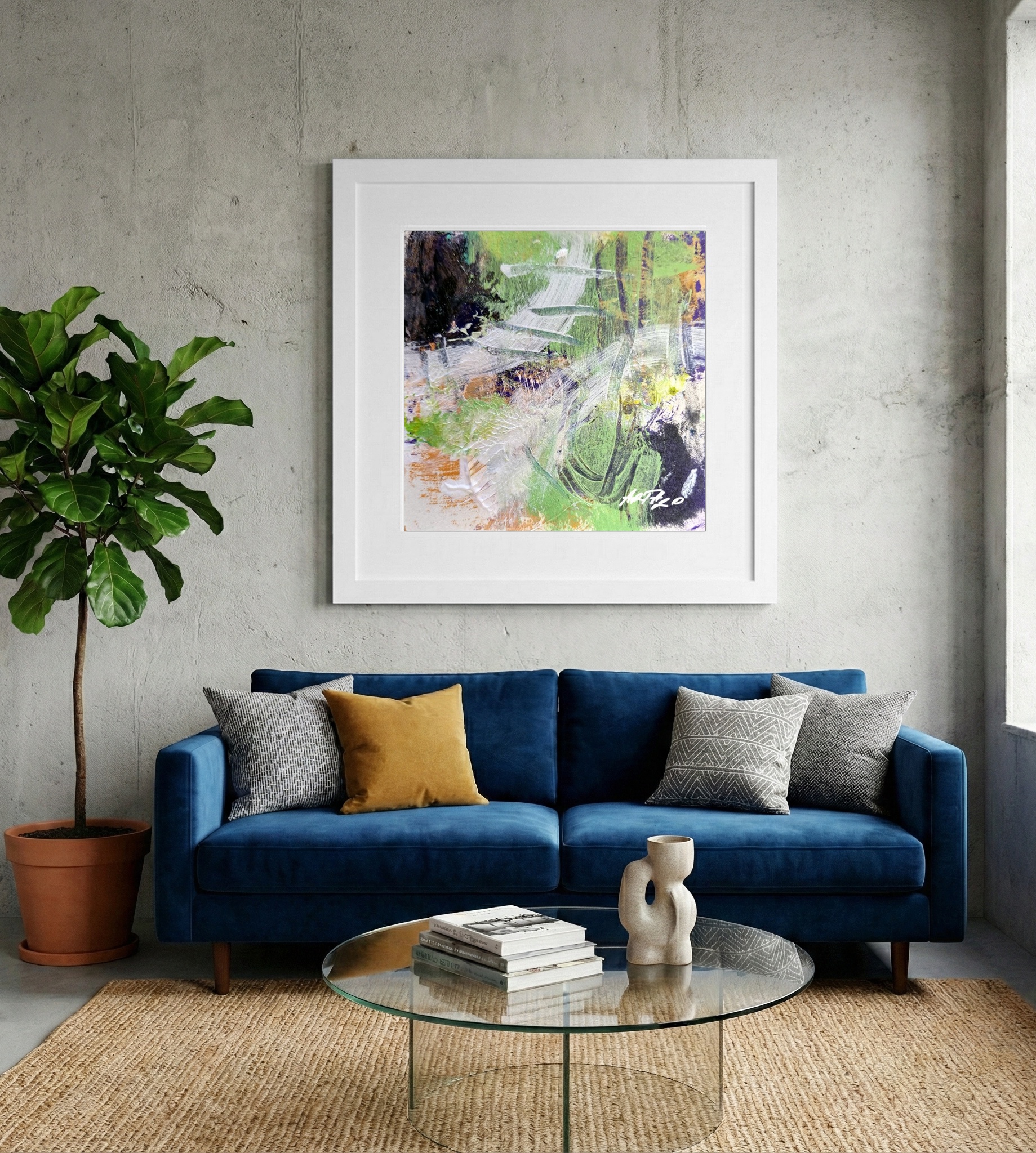 Deep Green and Violet Abstract on Paper — art on the wall, room interior preview 2