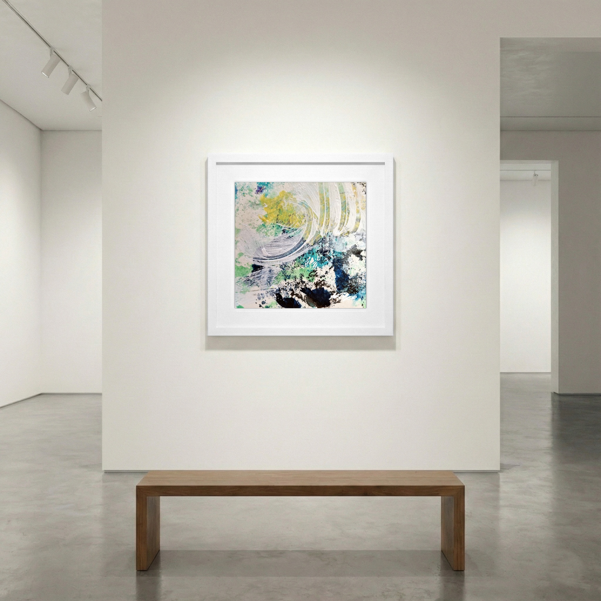 Lime Green and Cerulean Abstract on Paper — art on the wall, room interior preview 1