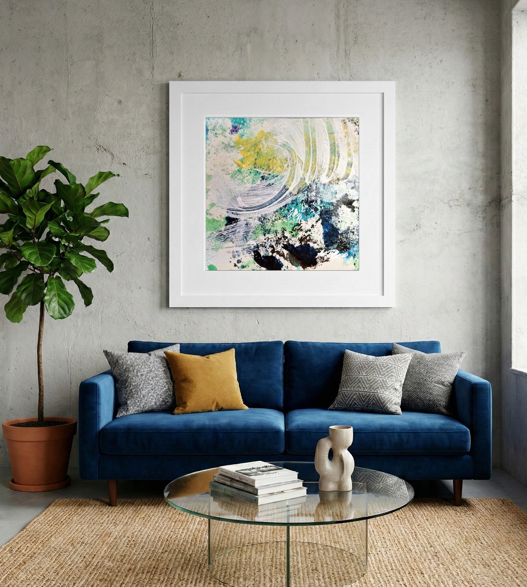 Lime Green and Cerulean Abstract on Paper — art on the wall, room interior preview 2