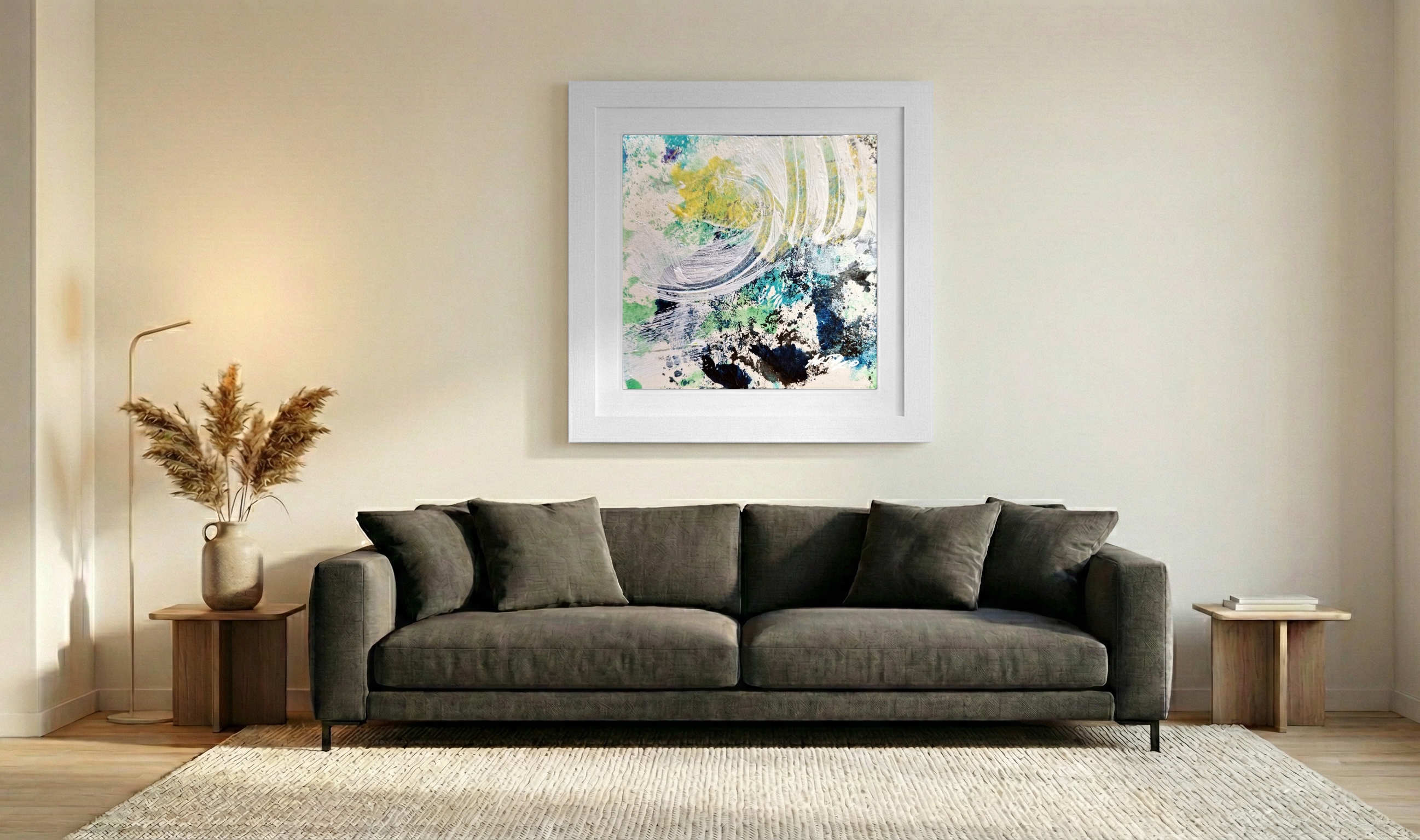 Lime Green and Cerulean Abstract on Paper — art on the wall, room interior preview 3