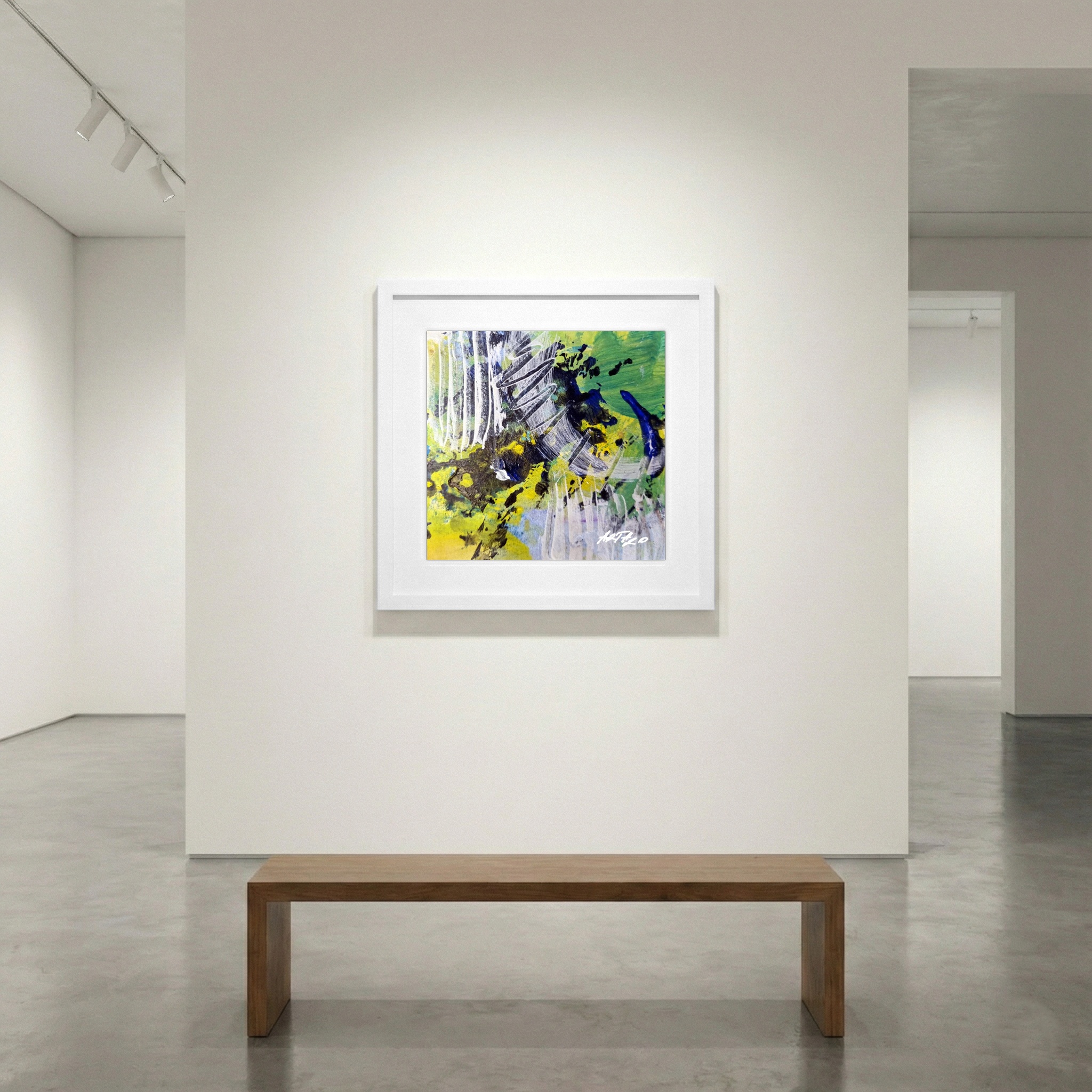 Lime Green and Deep Blue Abstract on Paper — art on the wall, room interior preview 1