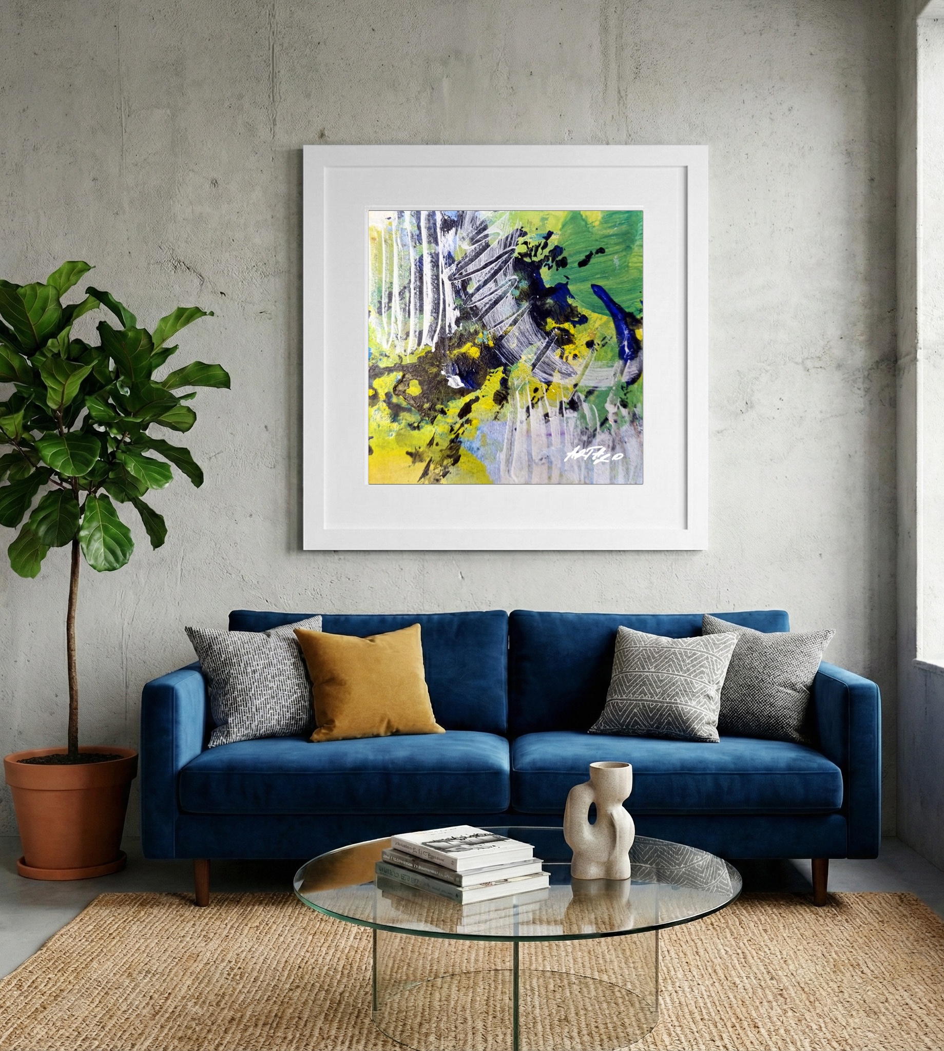 Lime Green and Deep Blue Abstract on Paper — art on the wall, room interior preview 2