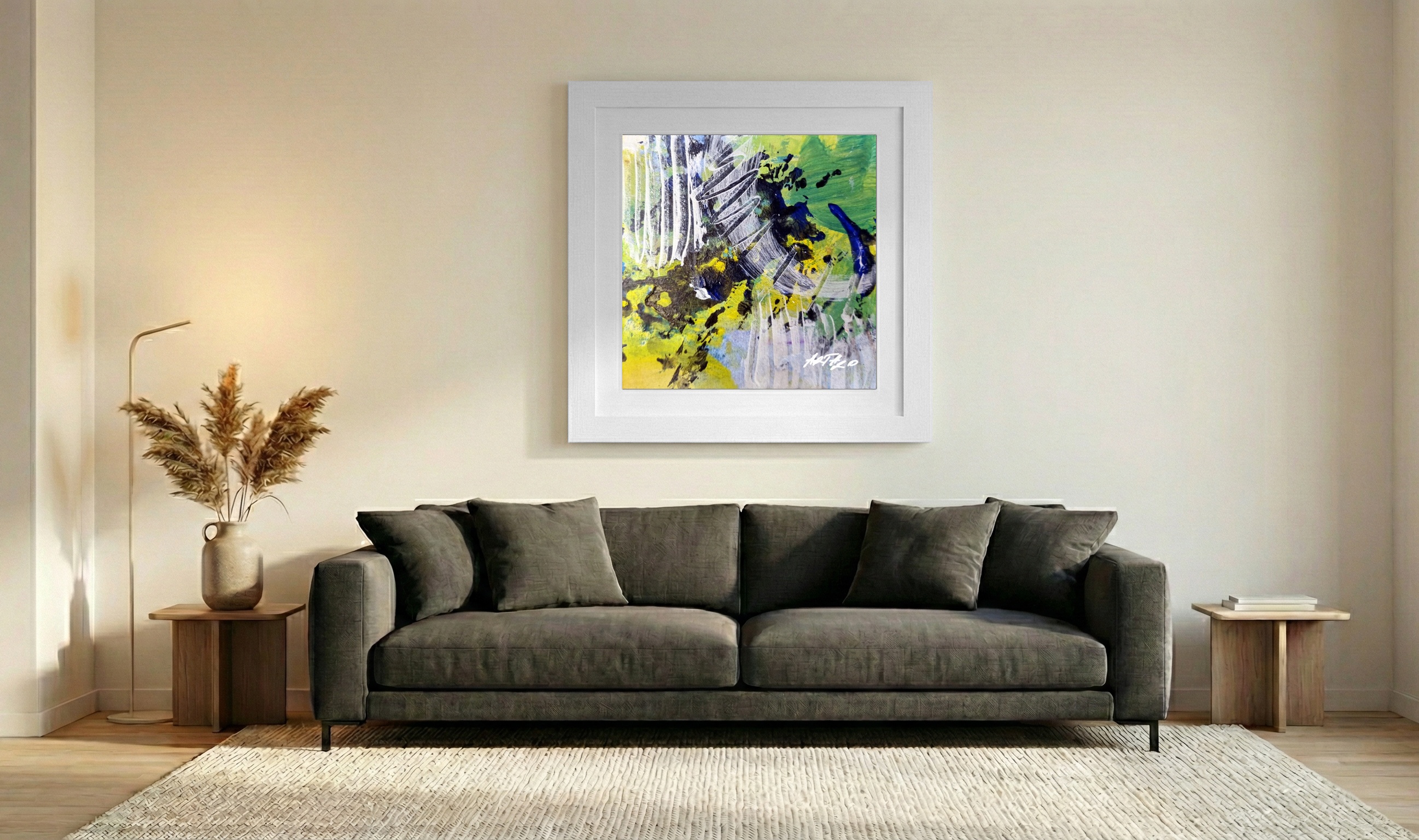Lime Green and Deep Blue Abstract on Paper — art on the wall, room interior preview 3